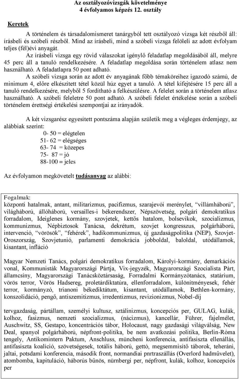 Az írásbeli vizsga egy rövid válaszokat igénylő feladatlap megoldásából áll, melyre 45 perc áll a tanuló rendelkezésére. A feladatlap megoldása során történelem atlasz nem használható.