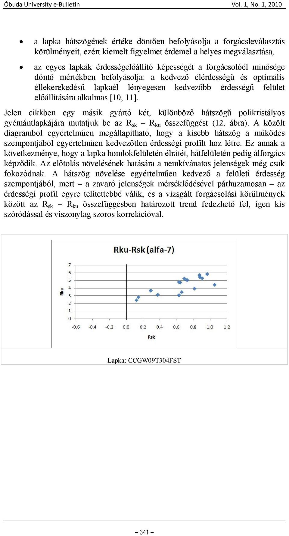 Jelen cikkben egy másik gyártó két, különböző hátszögű polikristályos gyémántlapkájára mutatjuk be az R sk R ku összefüggést (12. ábra).