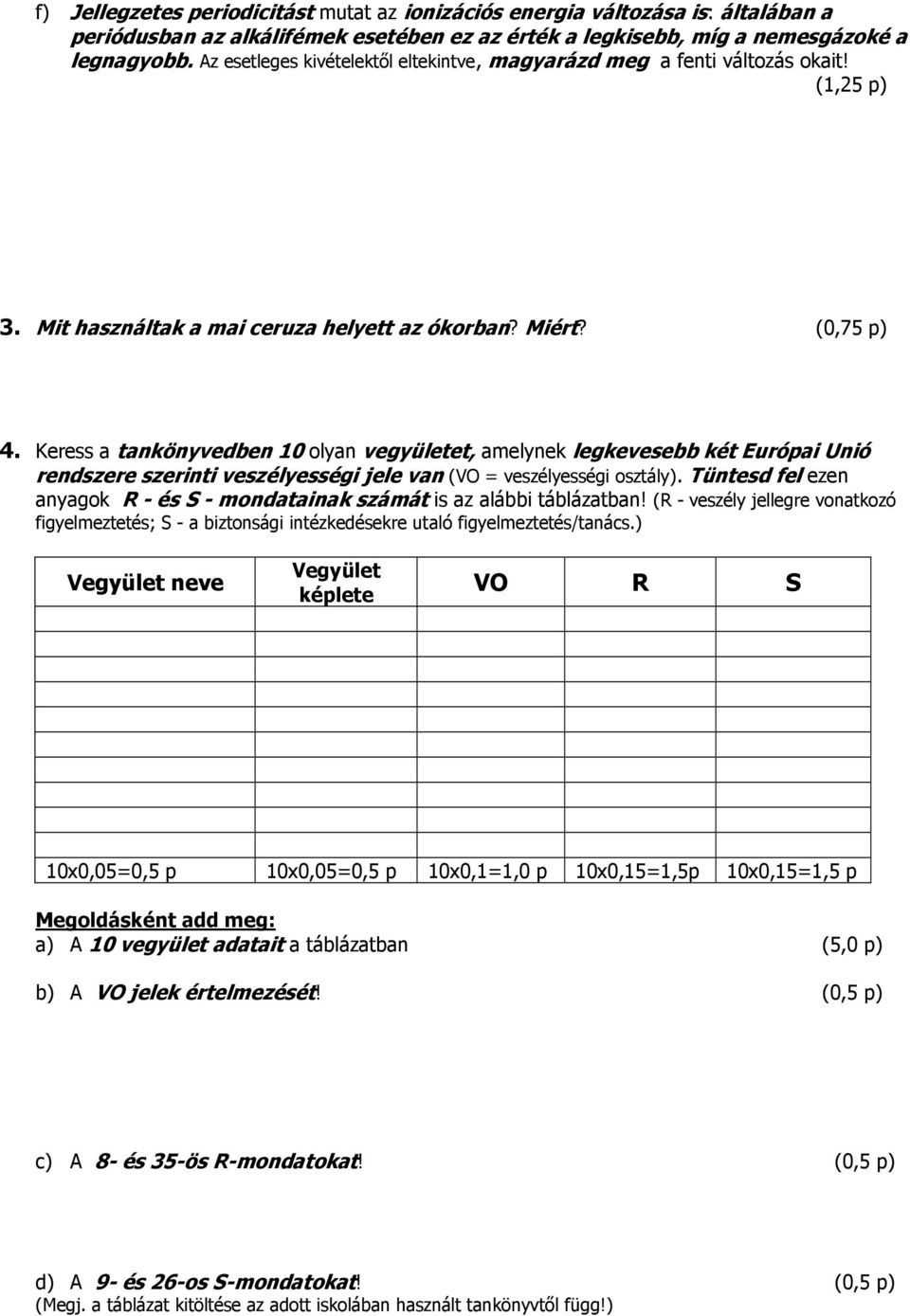 Keress a tankönyvedben 10 olyan vegyületet, amelynek legkevesebb két Európai Unió rendszere szerinti veszélyességi jele van (VO = veszélyességi osztály).