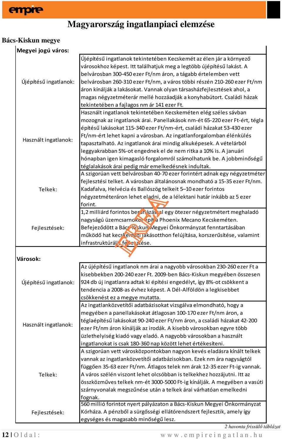 A belvárosban 300-450 ezer Ft/nm áron, a tágabb értelemben vett belvárosban 260-310 ezer Ft/nm, a város többi részén 210-260 ezer Ft/nm áron kínálják a lakásokat.