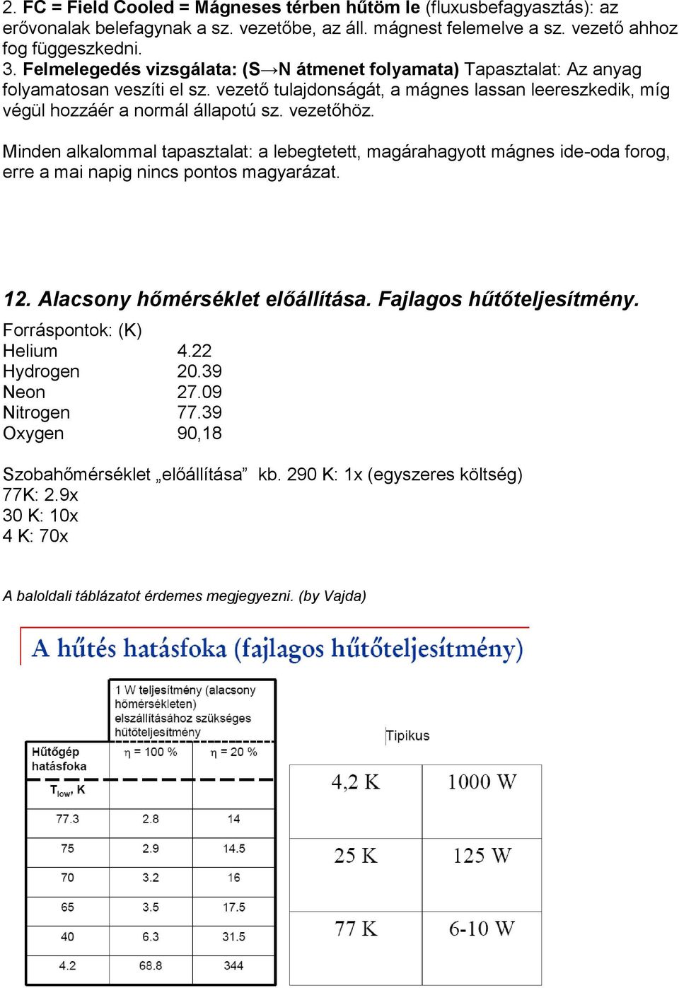 vezetőhöz. Minden alkalommal tapasztalat: a lebegtetett, magárahagyott mágnes ide-oda forog, erre a mai napig nincs pontos magyarázat. 12. Alacsony hőmérséklet előállítása. Fajlagos hűtőteljesítmény.