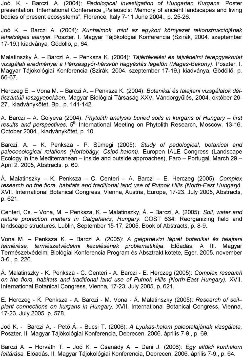 (2004): Kunhalmok, mint az egykori környezet rekonstrukciójának lehetséges alanyai. Poszter. I. Magyar Tájökológiai Konferencia (Szirák, 2004. szeptember 17-19.) kiadványa, Gödöllő, p. 64.