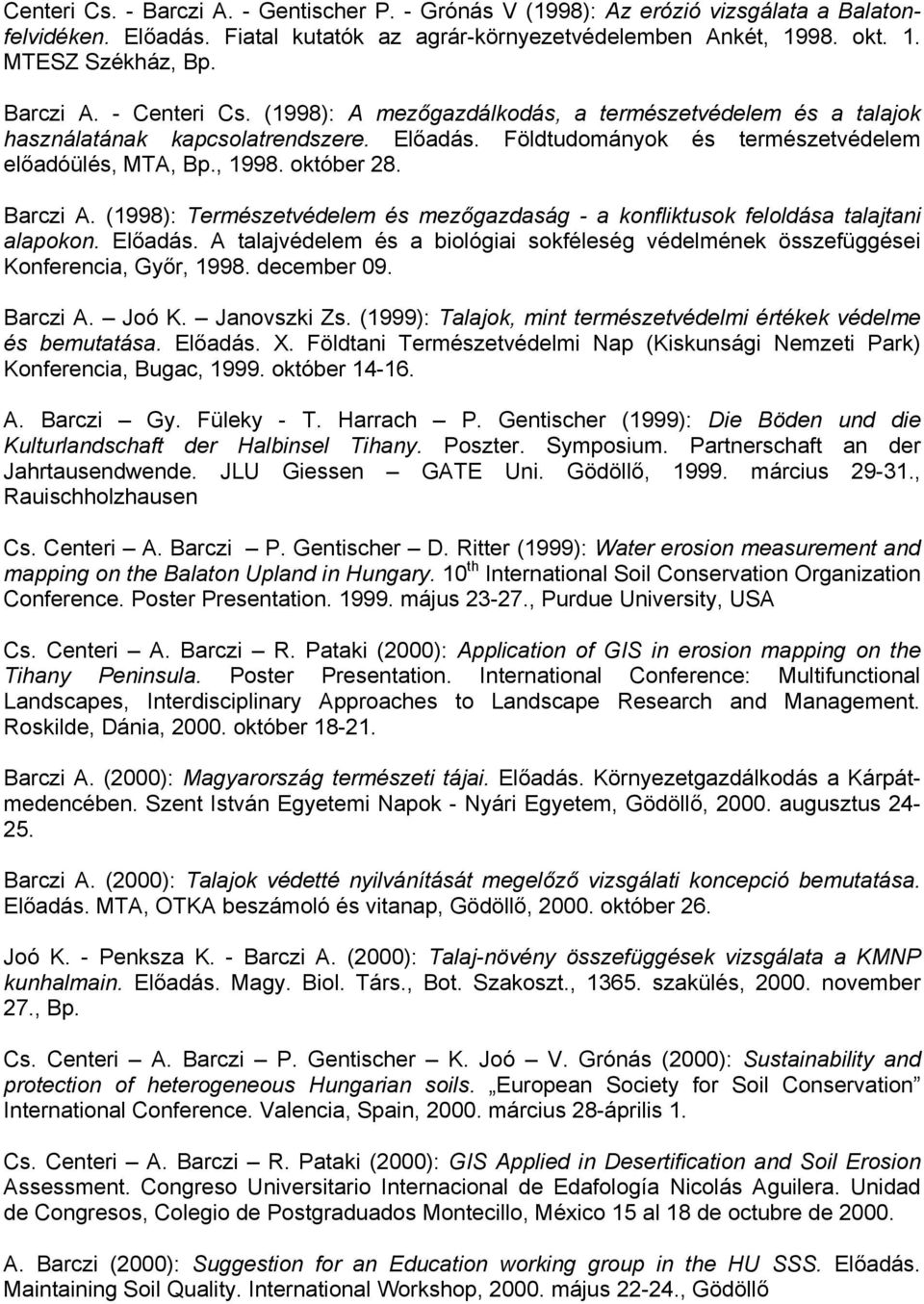 Barczi A. (1998): Természetvédelem és mezőgazdaság - a konfliktusok feloldása talajtani alapokon. Előadás. A talajvédelem és a biológiai sokféleség védelmének összefüggései Konferencia, Győr, 1998.