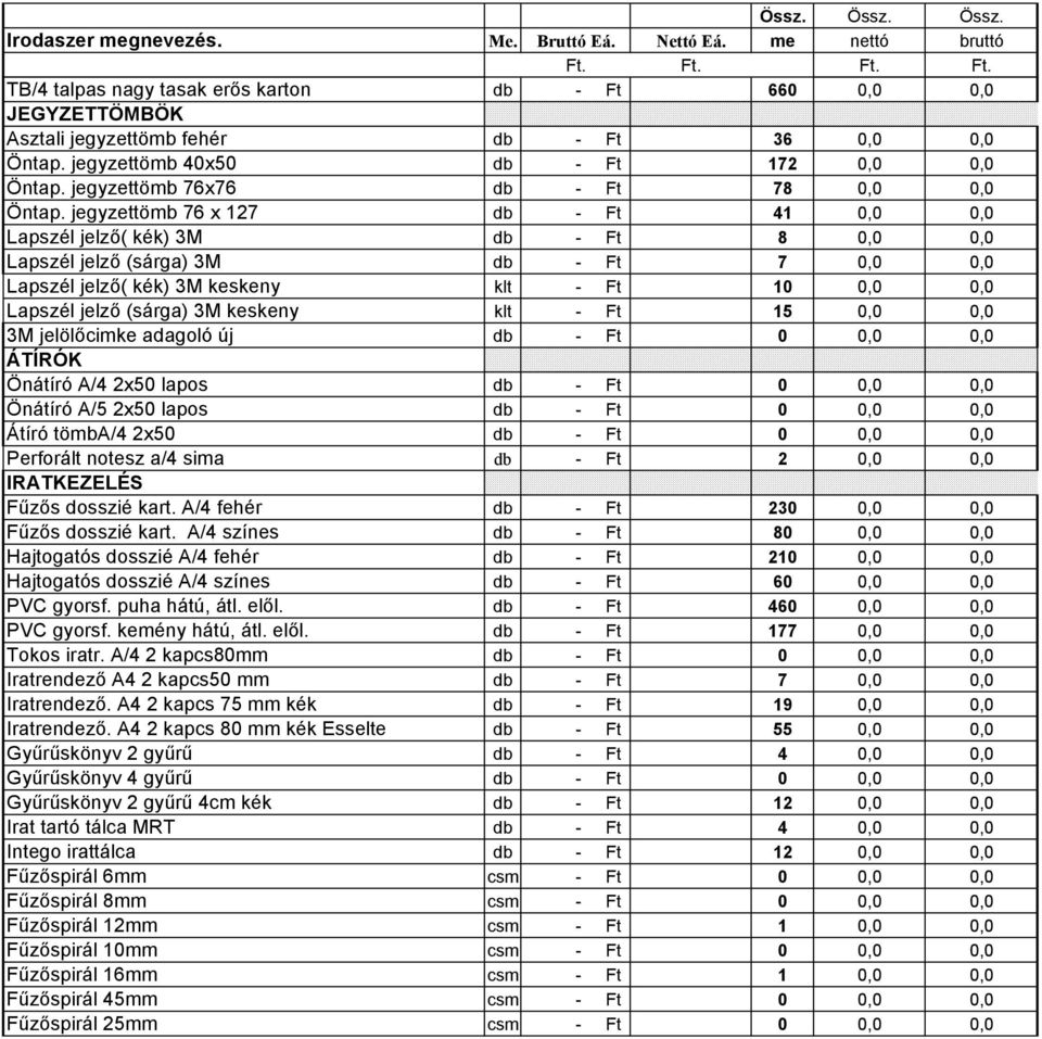 jegyzettömb 76 x 127 db - Ft 41 0,0 0,0 Lapszél jelző( kék) 3M db - Ft 8 0,0 0,0 Lapszél jelző (sárga) 3M db - Ft 7 0,0 0,0 Lapszél jelző( kék) 3M keskeny klt - Ft 10 0,0 0,0 Lapszél jelző (sárga) 3M