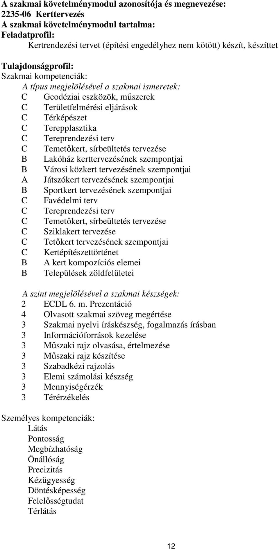 Temetőkert, sírbeültetés tervezése Lakóház kerttervezésének szempontjai Városi közkert tervezésének szempontjai A Játszókert tervezésének szempontjai Sportkert tervezésének szempontjai C Favédelmi