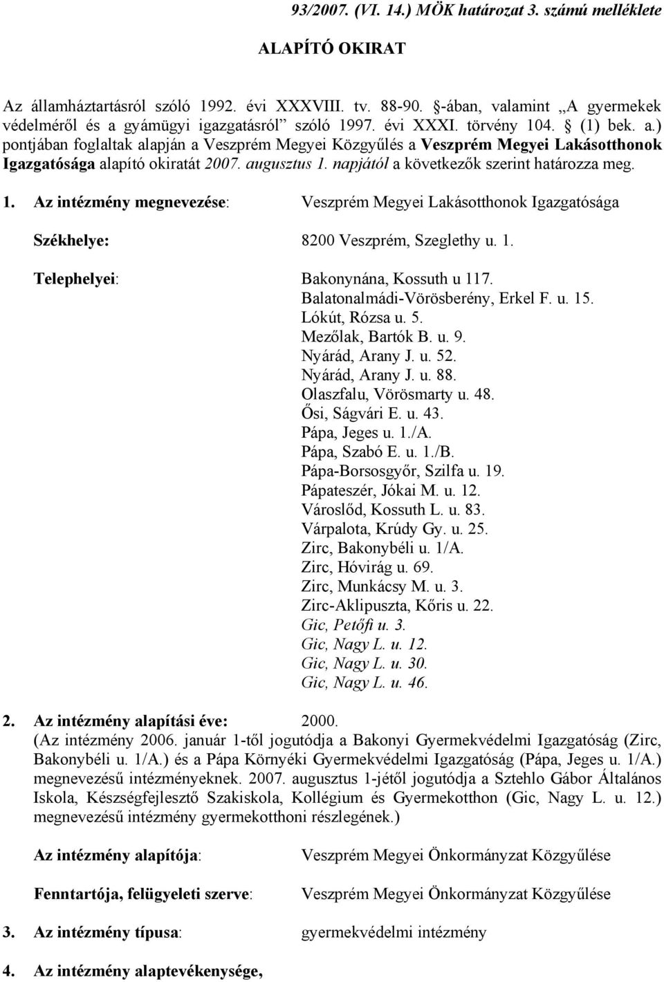 augusztus 1. napjától a következők szerint határozza meg. 1. Az intézmény megnevezése: Veszprém Megyei Lakásotthonok Igazgatósága Székhelye: 8200 Veszprém, Szeglethy u. 1. Telephelyei: Bakonynána, Kossuth u 117.