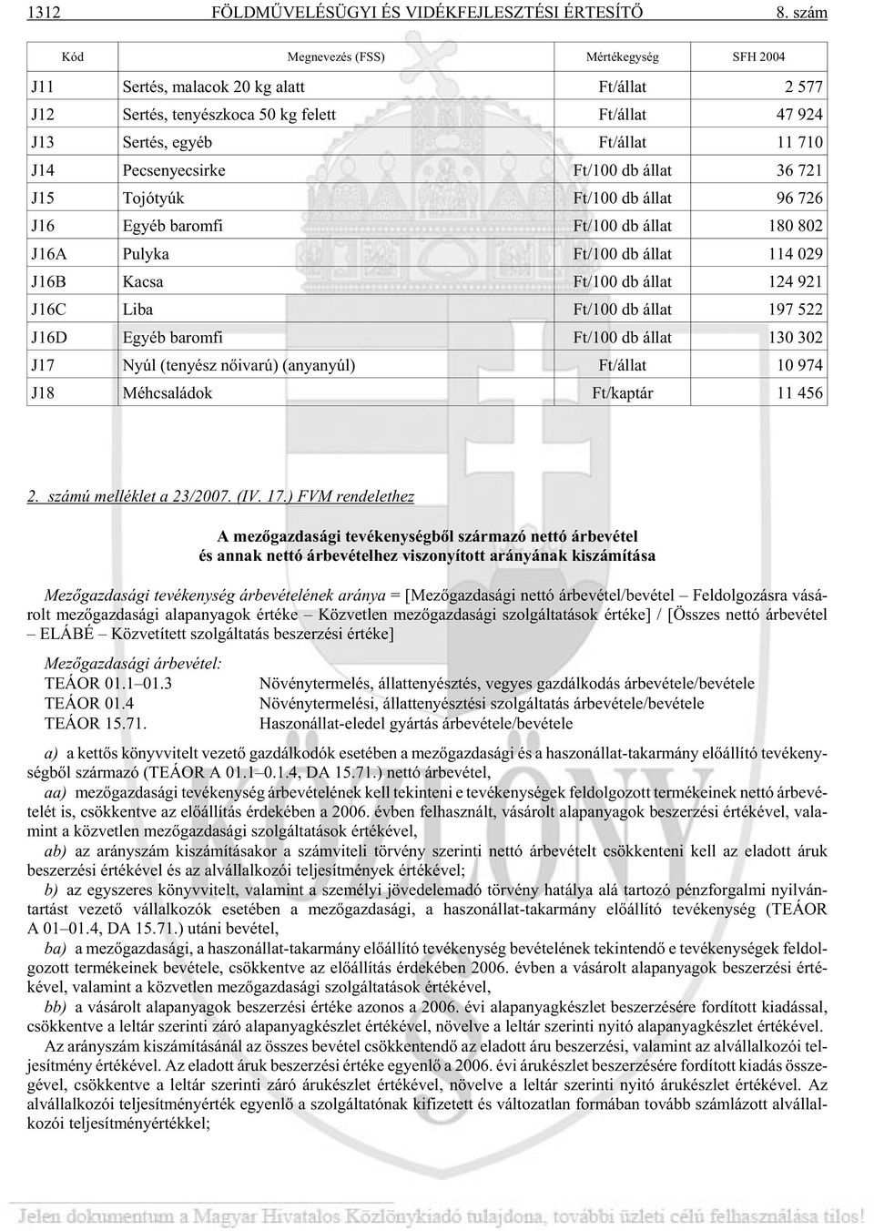 J14 Pe cse nye csir ke Ft/100 db ál lat 36 721 J15 To jó tyúk Ft/100 db ál lat 96 726 J16 Egyéb ba rom fi Ft/100 db ál lat 180 802 J16A Puly ka Ft/100 db ál lat 114 029 J16B Ka csa Ft/100 db ál lat