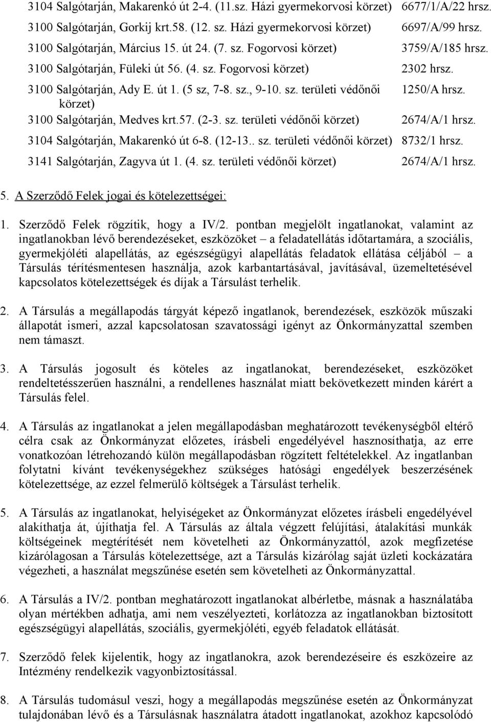 sz. területi védőnői 1250/A hrsz. körzet) 3100 Salgótarján, Medves krt.57. (2-3. sz. területi védőnői körzet) 2674/A/1 hrsz. 3104 Salgótarján, Makarenkó út 6-8. (12-13.. sz. területi védőnői körzet) 8732/1 hrsz.