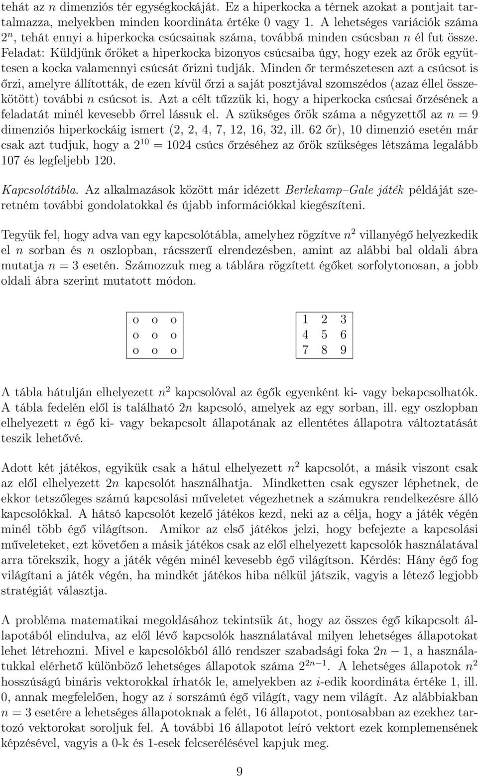 Feladat: Küldjünk őröket a hiperkocka bizonyos csúcsaiba úgy, hogy ezek az őrök együttesen a kocka valamennyi csúcsát őrizni tudják.