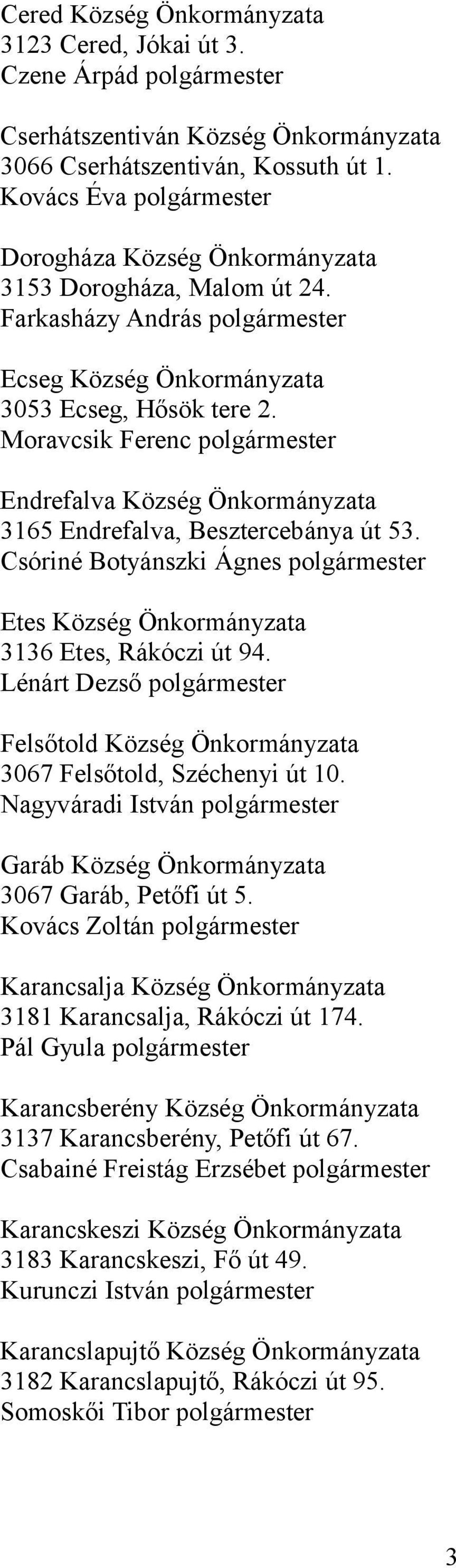 Moravcsik Ferenc polgármester Endrefalva Község Önkormányzata 3165 Endrefalva, Besztercebánya út 53. Csóriné Botyánszki Ágnes polgármester Etes Község Önkormányzata 3136 Etes, Rákóczi út 94.