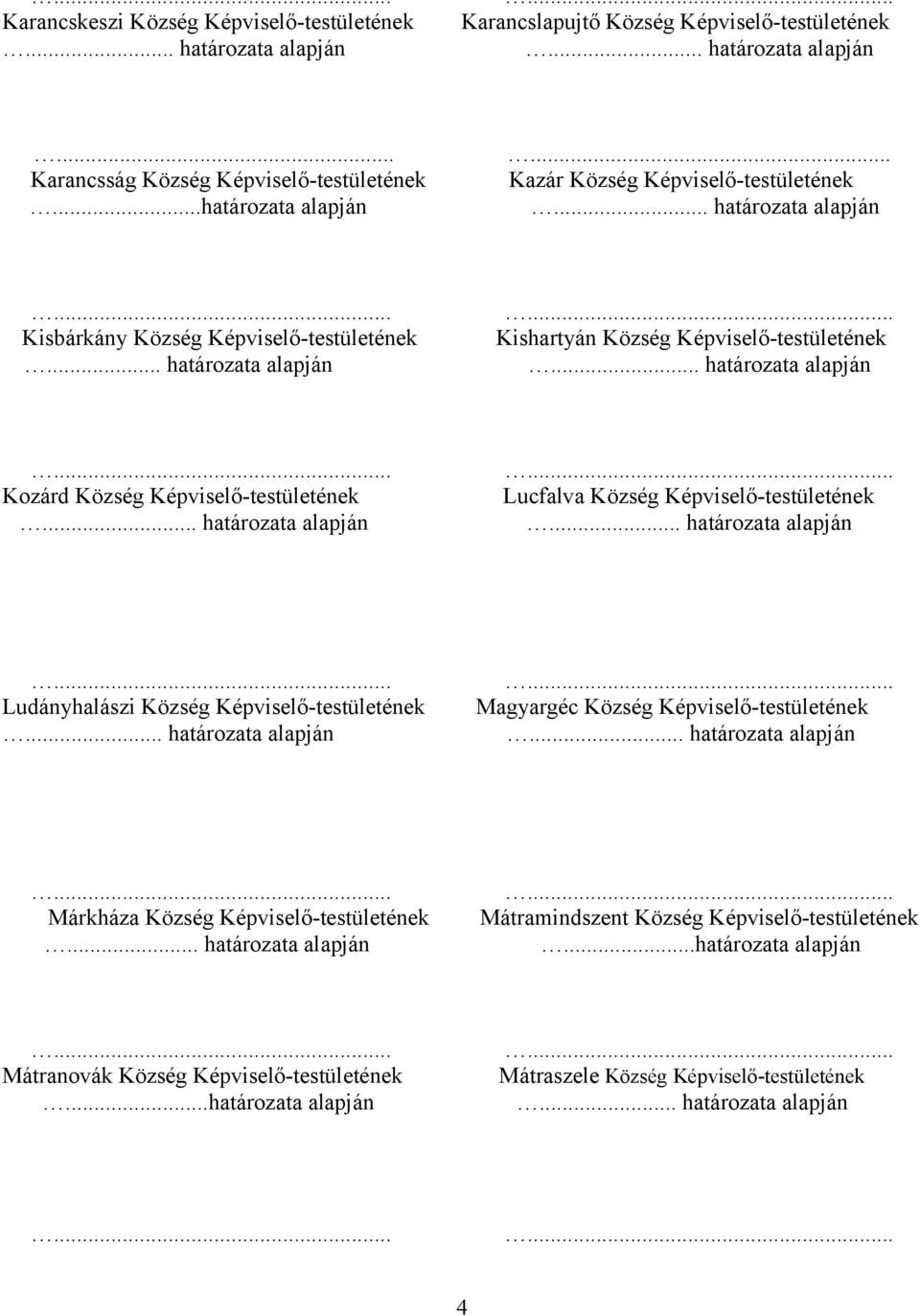 .. határozata alapján... Kozárd Község Képviselő-testületének... határozata alapján... Lucfalva Község Képviselő-testületének... határozata alapján... Ludányhalászi Község Képviselő-testületének.