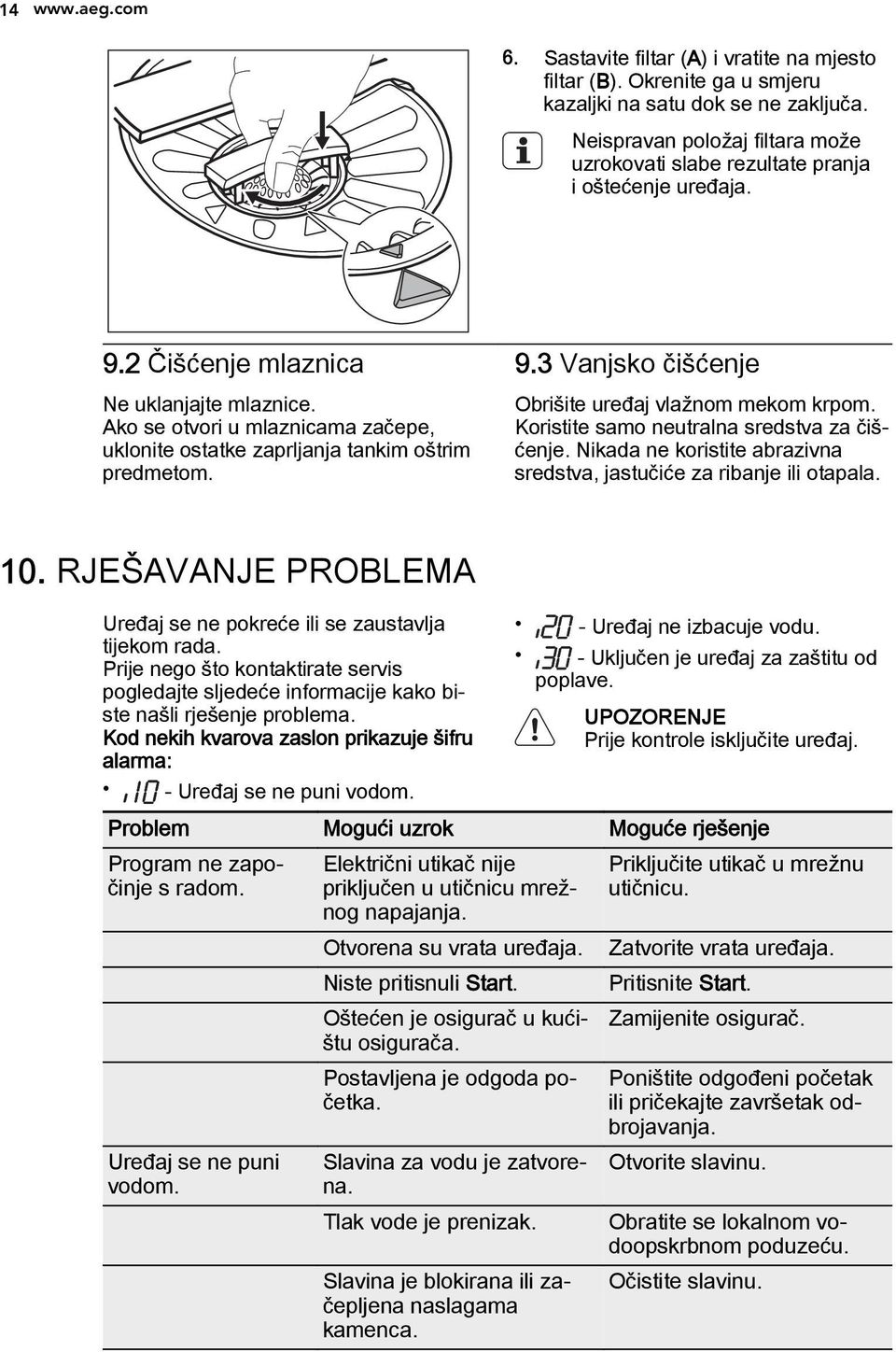 Ako se otvori u mlaznicama začepe, uklonite ostatke zaprljanja tankim oštrim predmetom. 9.3 Vanjsko čišćenje Obrišite uređaj vlažnom mekom krpom. Koristite samo neutralna sredstva za čišćenje.