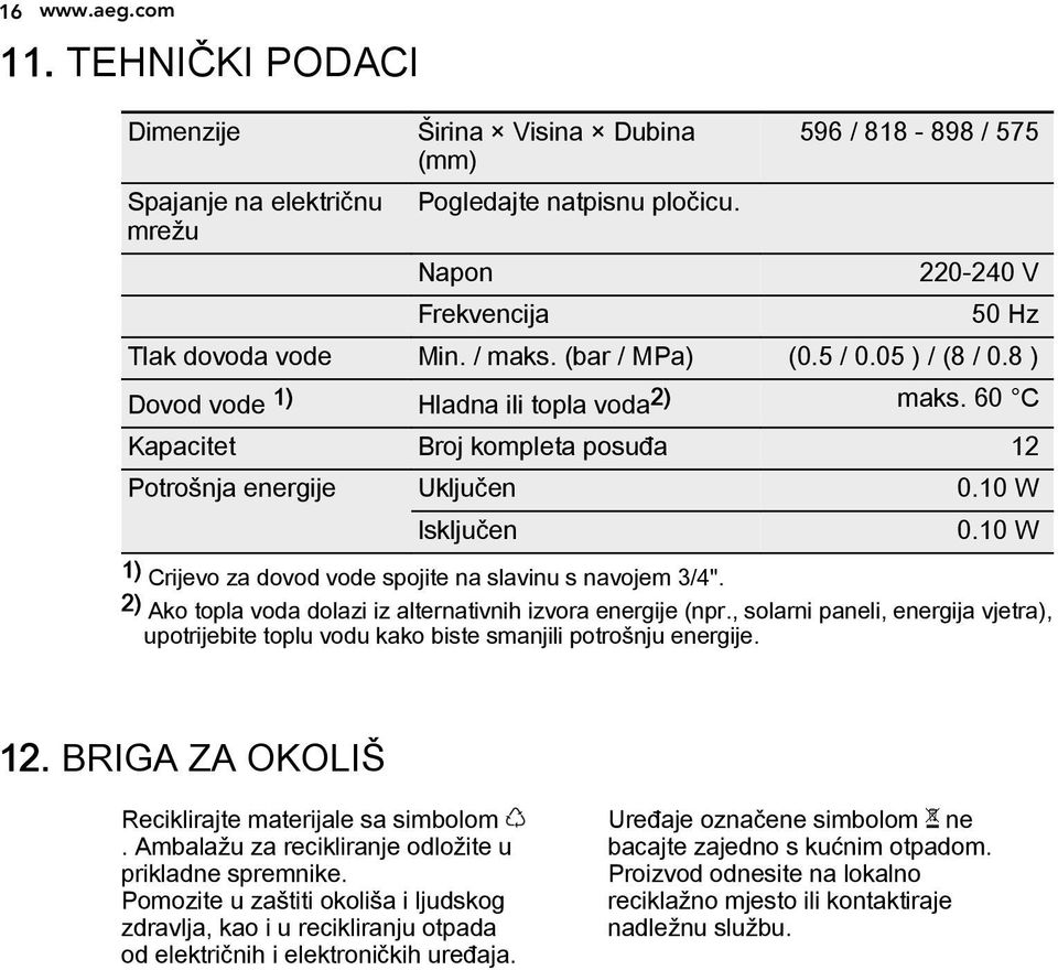 60 C Kapacitet Broj kompleta posuđa 12 Potrošnja energije Uključen 0.10 W Isključen 0.10 W 1) Crijevo za dovod vode spojite na slavinu s navojem 3/4".