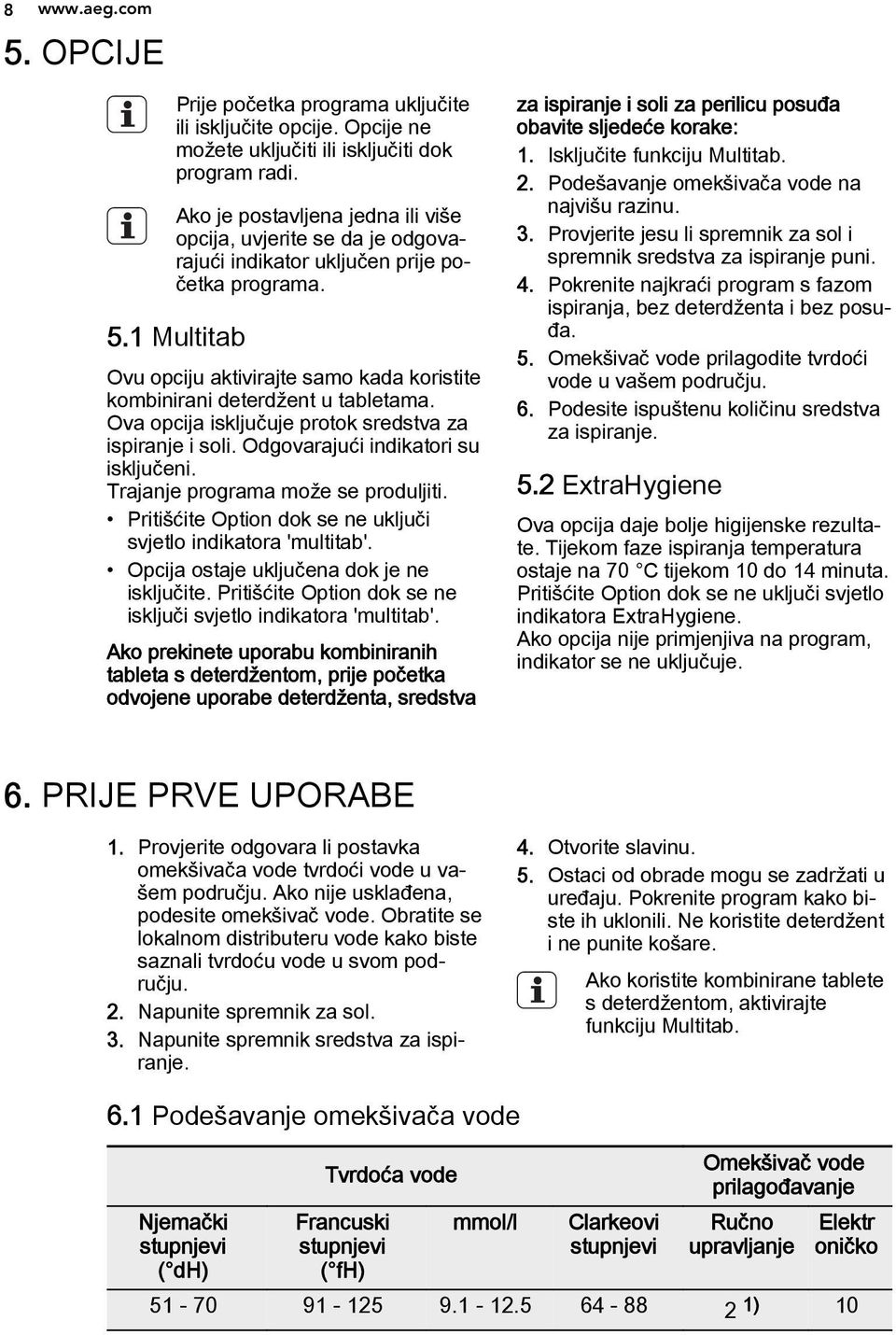 1 Multitab Ovu opciju aktivirajte samo kada koristite kombinirani deterdžent u tabletama. Ova opcija isključuje protok sredstva za ispiranje i soli. Odgovarajući indikatori su isključeni.