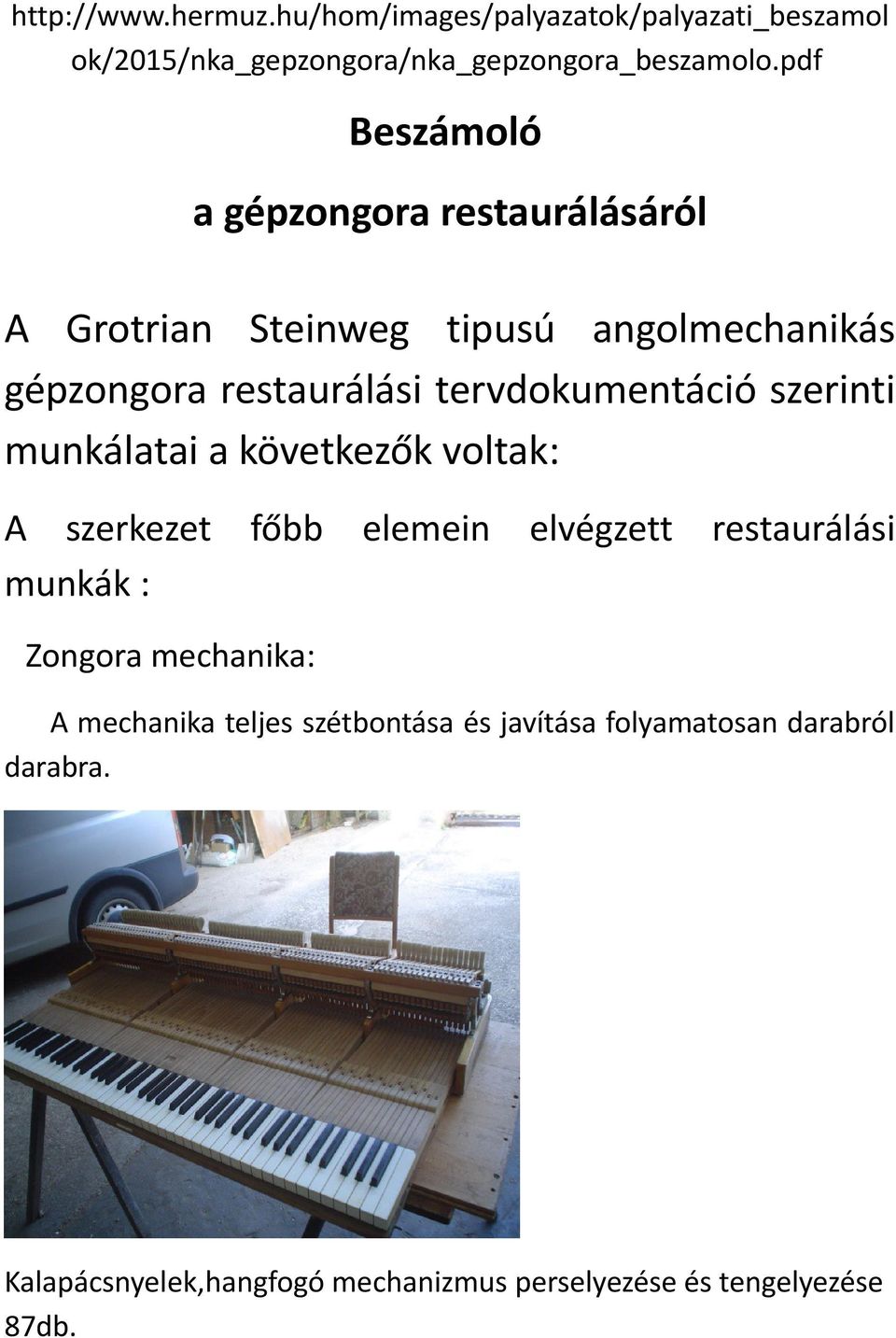 tervdokumentáció szerinti munkálatai a következők voltak: A szerkezet főbb elemein elvégzett restaurálási munkák : Zongora