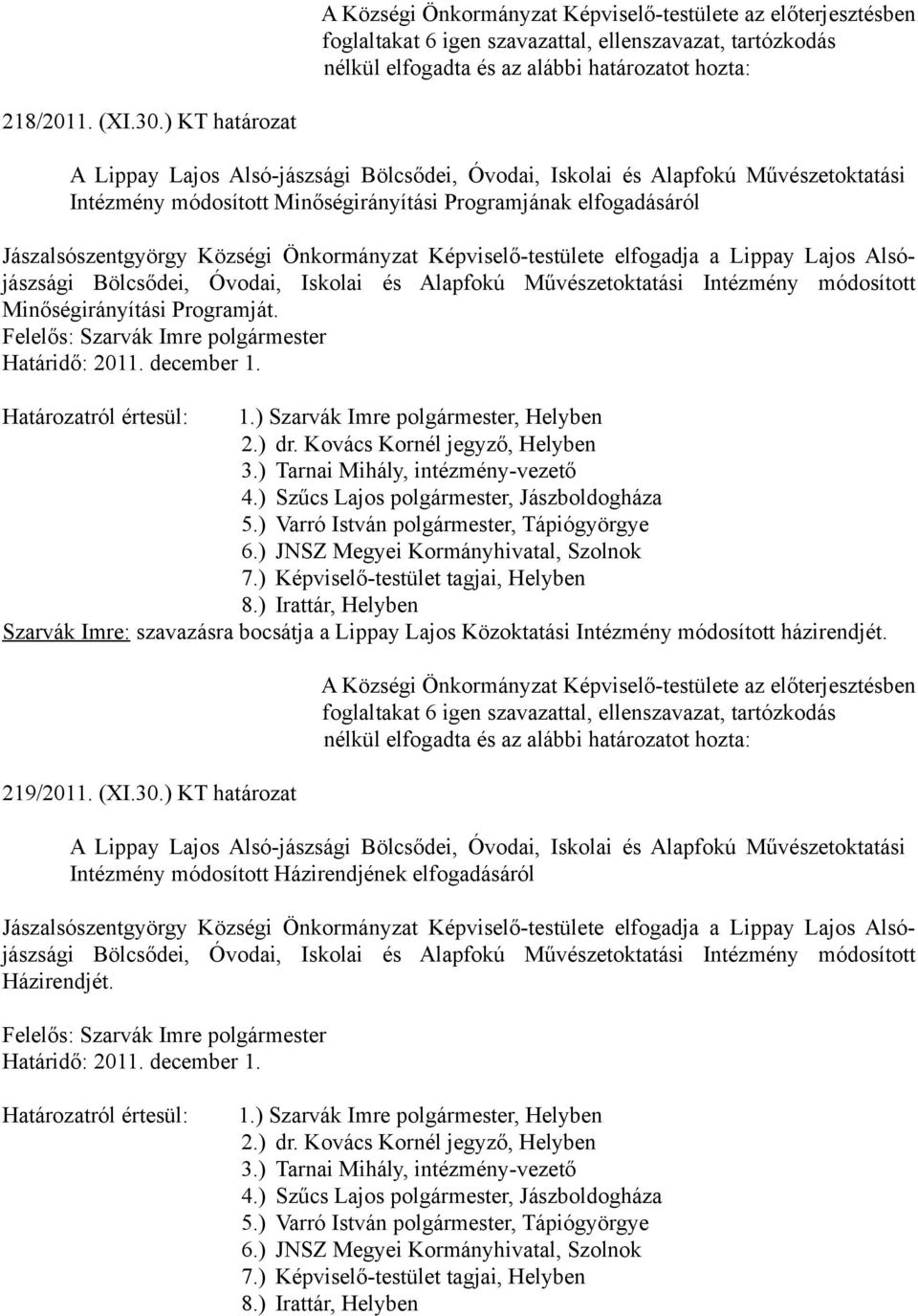 Önkormányzat Képviselő-testülete elfogadja a Lippay Lajos Alsójászsági Bölcsődei, Óvodai, Iskolai és Alapfokú Művészetoktatási Intézmény módosított Minőségirányítási Programját. Határidő: 2011.