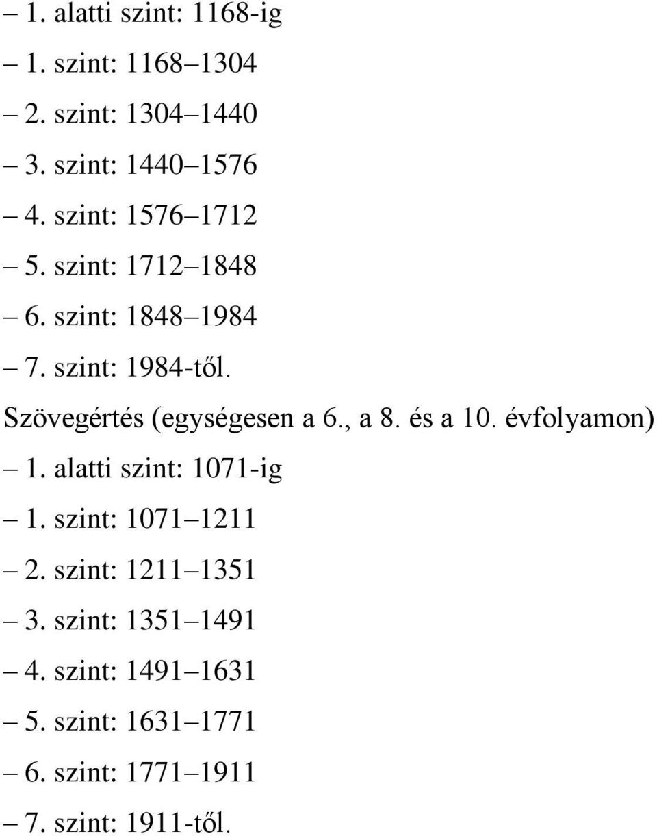 Szövegértés (egységesen a 6., a 8. és a 10. évfolyamon) 1. alatti szint: 1071-ig 1.
