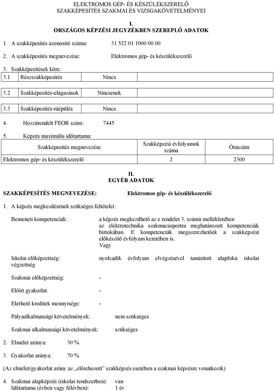 Hozzárendelt FEOR szám: 7445 5. Képzés maximális időtartama: Szakképesítés megnevezése Szakképzési évfolyamok száma Óraszám Elektromos gép- és készülékszerelő 2 2300 II.