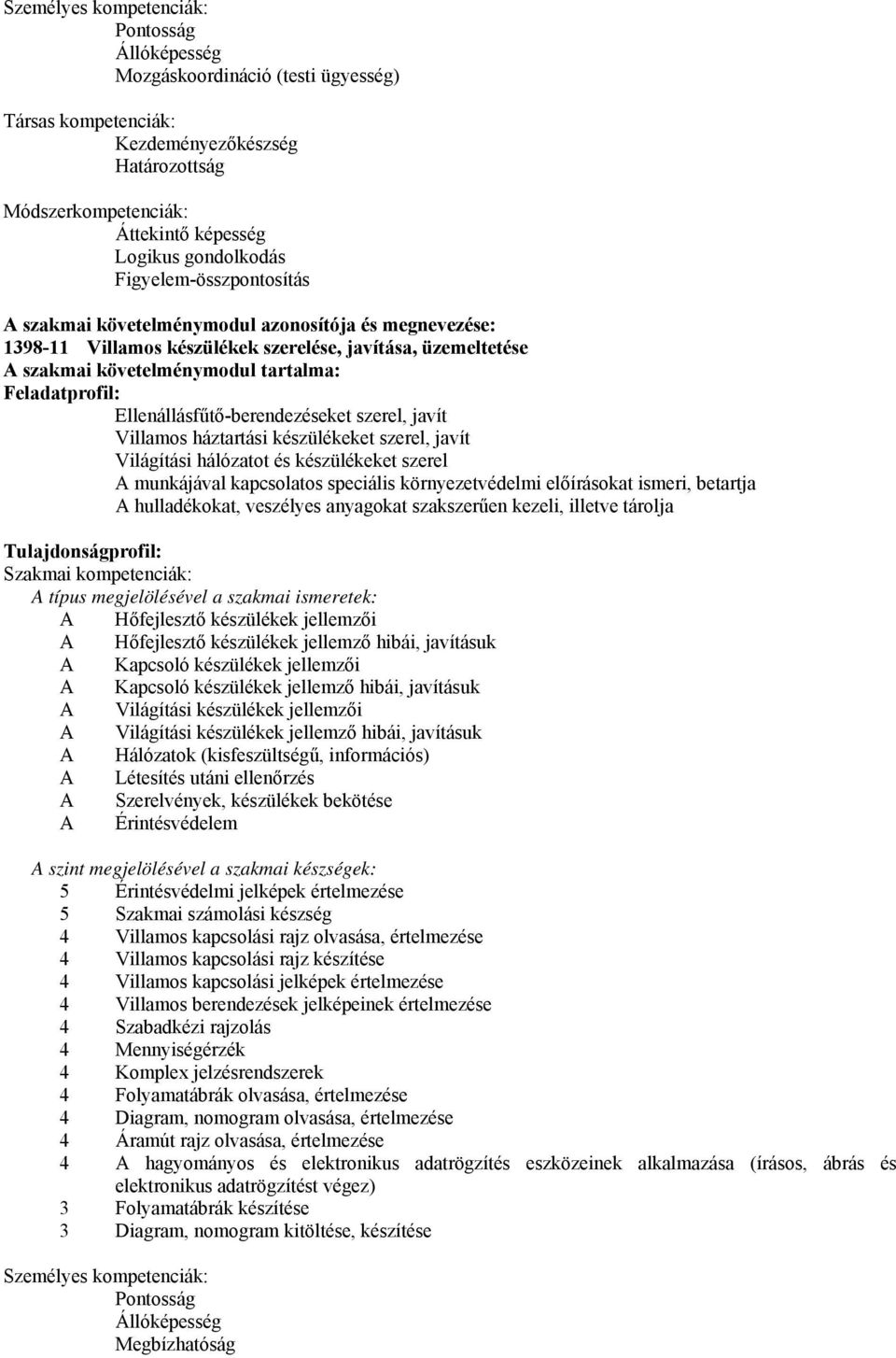 Ellenállásfűtő-berendezéseket szerel, javít Villamos háztartási készülékeket szerel, javít Világítási hálózatot és készülékeket szerel A munkájával kapcsolatos speciális környezetvédelmi előírásokat