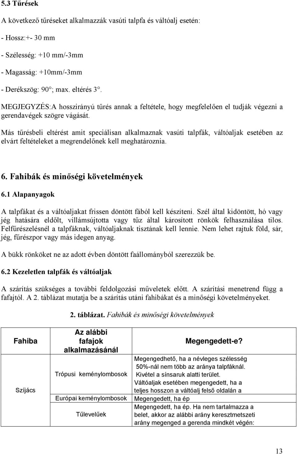 Más tűrésbeli eltérést amit speciálisan alkalmaznak vasúti talpfák, váltóaljak esetében az elvárt feltételeket a megrendelőnek kell meghatároznia. 6. Fahibák és minőségi követelmények 6.