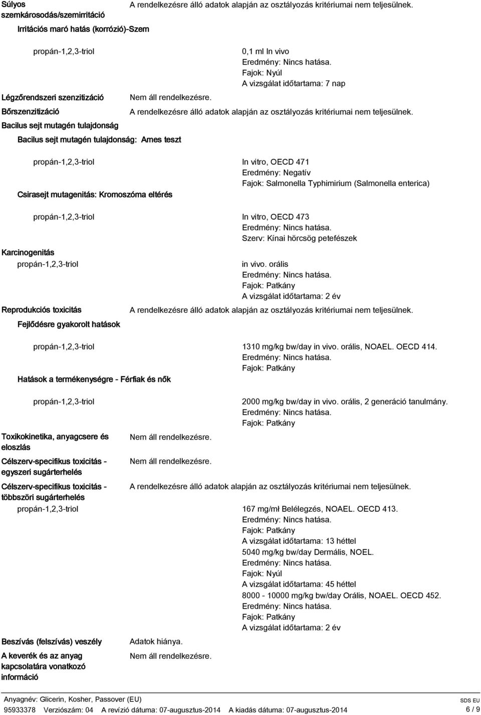 Bacilus sejt mutagén tulajdonság: Ames teszt 0,1 ml In vivo Fajok: Nyúl A vizsgálat időtartama: 7 nap A rendelkezésre álló adatok alapján az  In vitro, OECD 471 Eredmény: Negatív Fajok: Salmonella