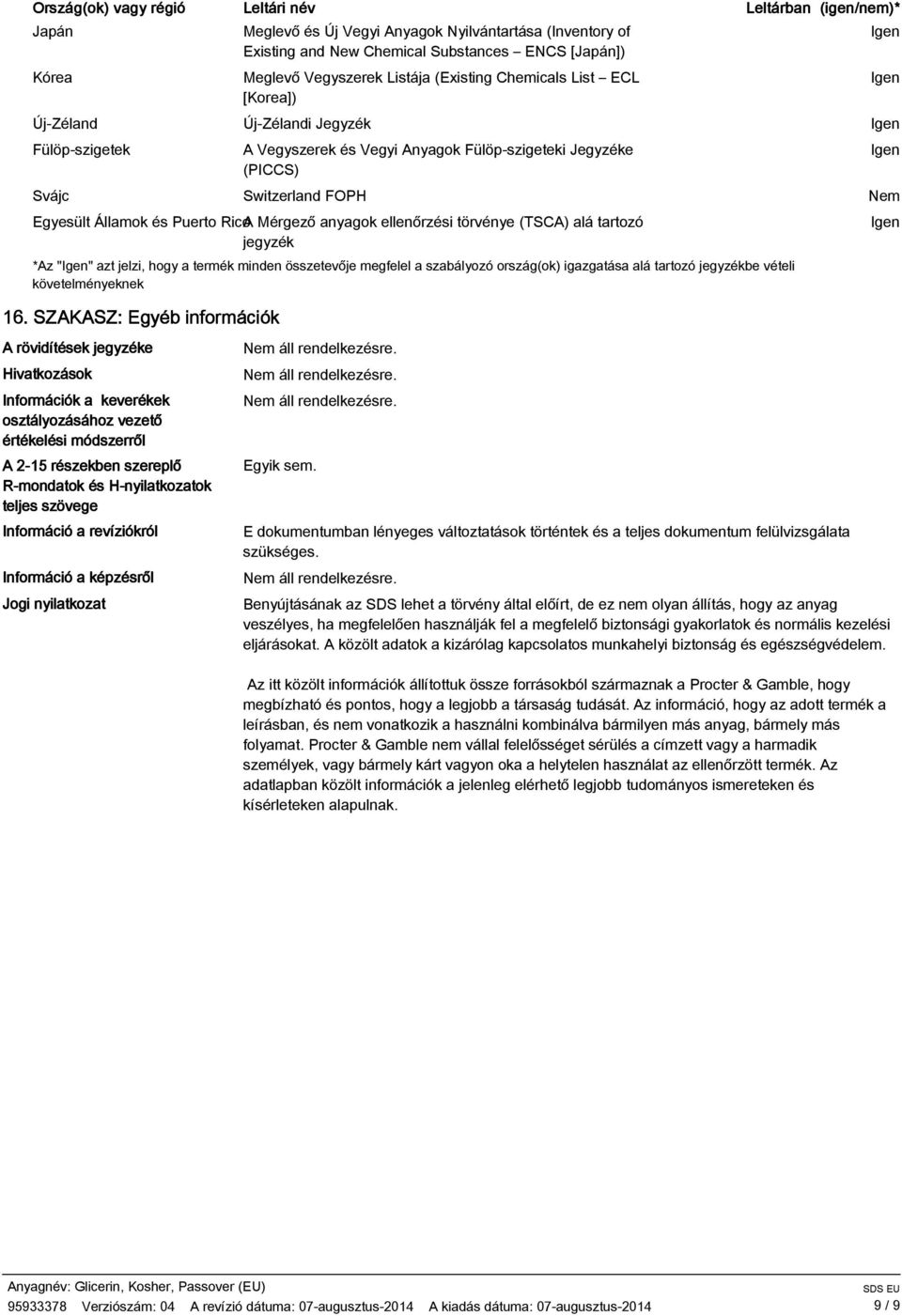 anyagok ellenőrzési törvénye (TSCA) alá tartozó jegyzék *Az "" azt jelzi, hogy a termék minden összetevője megfelel a szabályozó ország(ok) igazgatása alá tartozó jegyzékbe vételi követelményeknek 16.