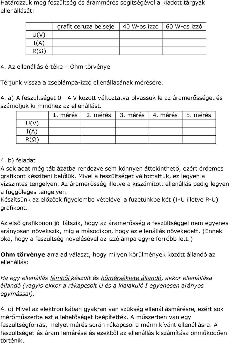 a) A feszültséget 0-4 V között változtatva olvassuk le az áramerősséget és számoljuk ki mindhez az ellenállást. 1. mérés 2. mérés 3. mérés 4. mérés 5. mérés U(V) I(A) R(Ω) 4.