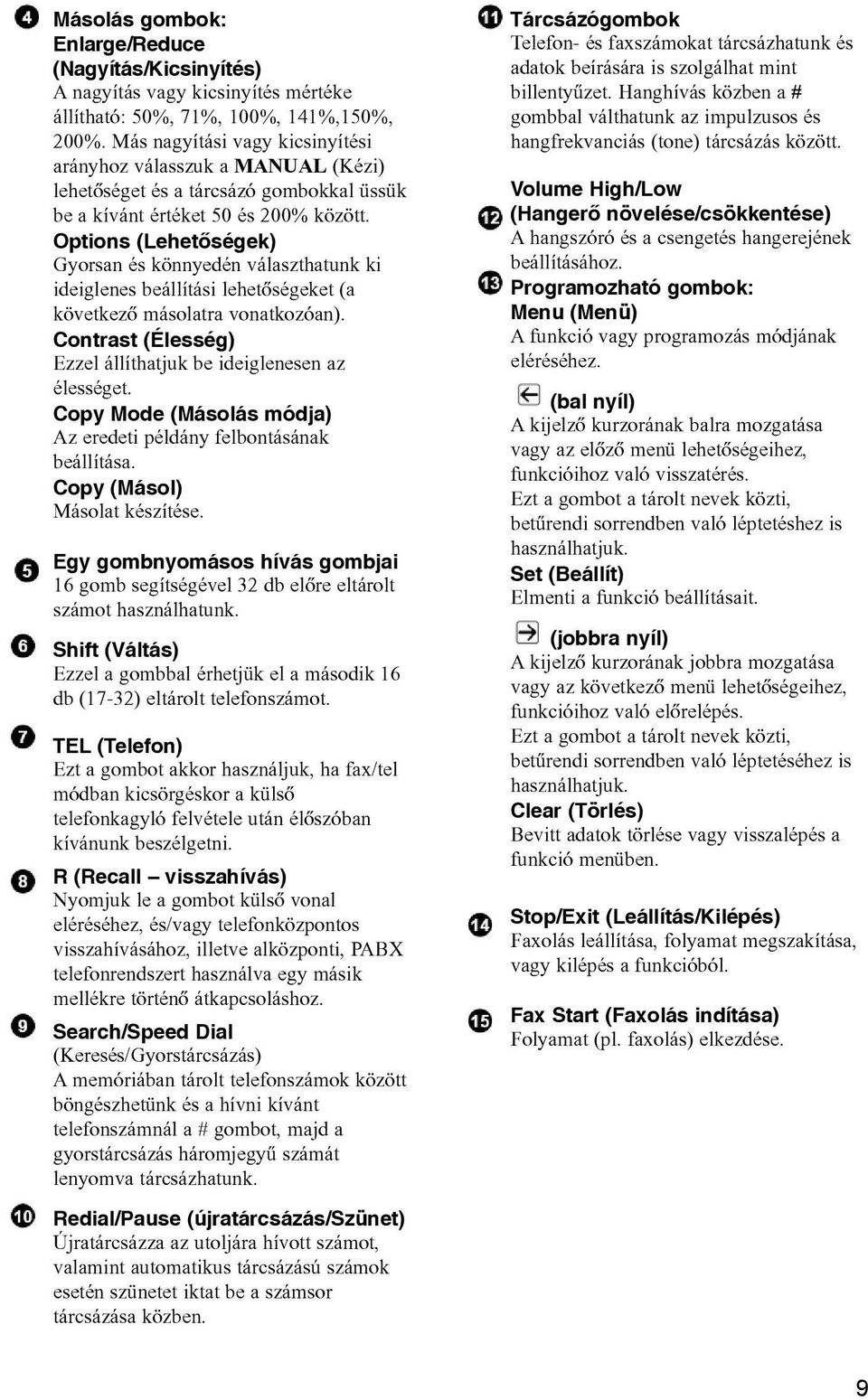 Options (Lehetõségek) Gyorsan és könnyedén választhatunk ki ideiglenes beállítási lehetõségeket (a következõ másolatra vonatkozóan). Contrast (Élesség) Ezzel állíthatjuk be ideiglenesen az élességet.