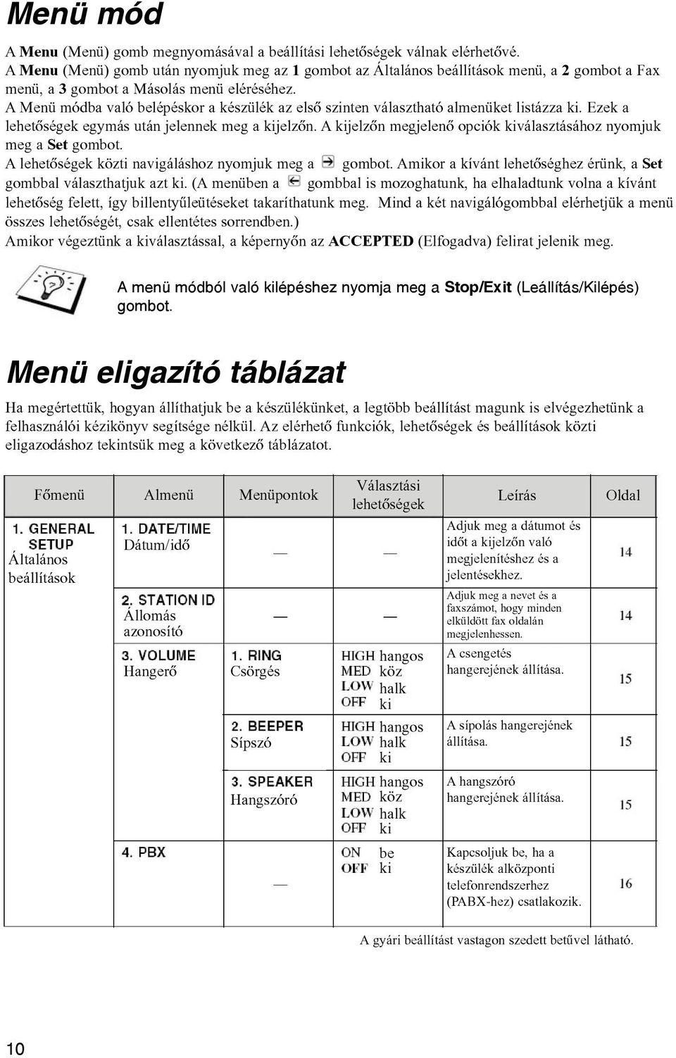 A Menü módba való belépéskor a készülék az elsõ szinten választható almenüket listázza ki. Ezek a lehetõségek egymás után jelennek meg a kijelzõn.