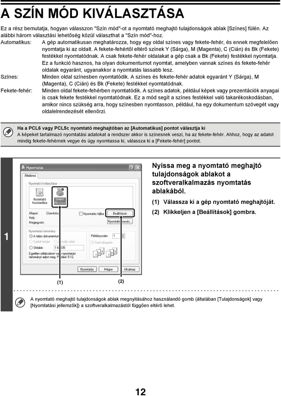 Automatikus: A gép automatikusan meghatározza, hogy egy oldal színes vagy fekete-fehér, és ennek megfelelően nyomtatja ki az oldalt.