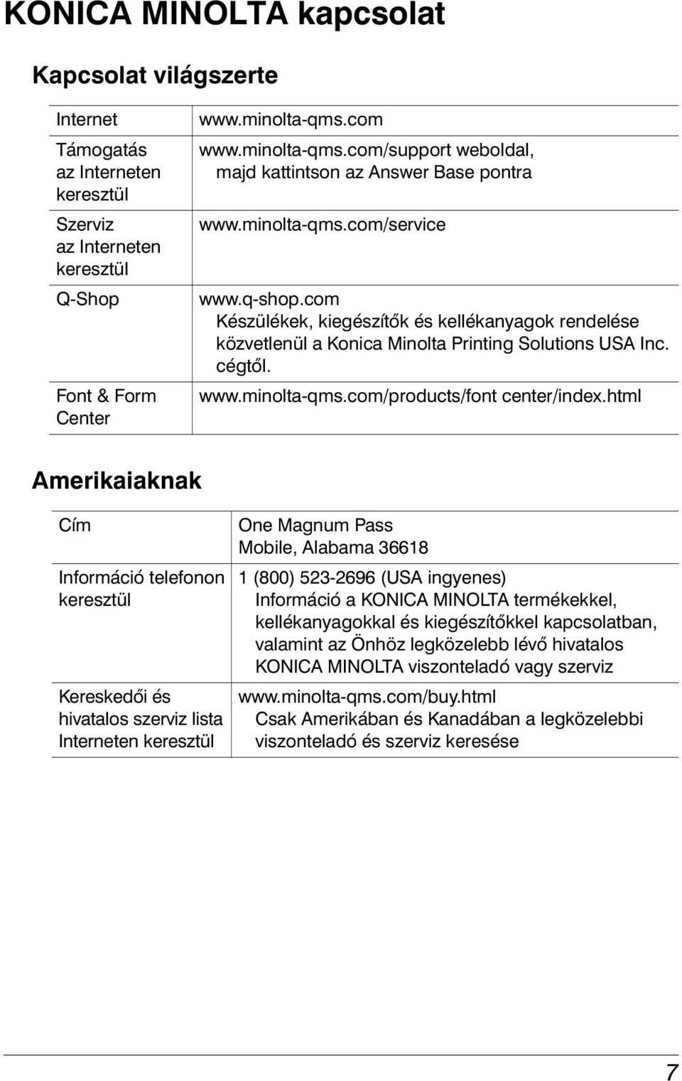 com Készülékek, kiegészítők és kellékanyagok rendelése közvetlenül a Konica Minolta Printing Solutions USA Inc. cégtől. www.minolta-qms.com/products/font center/index.