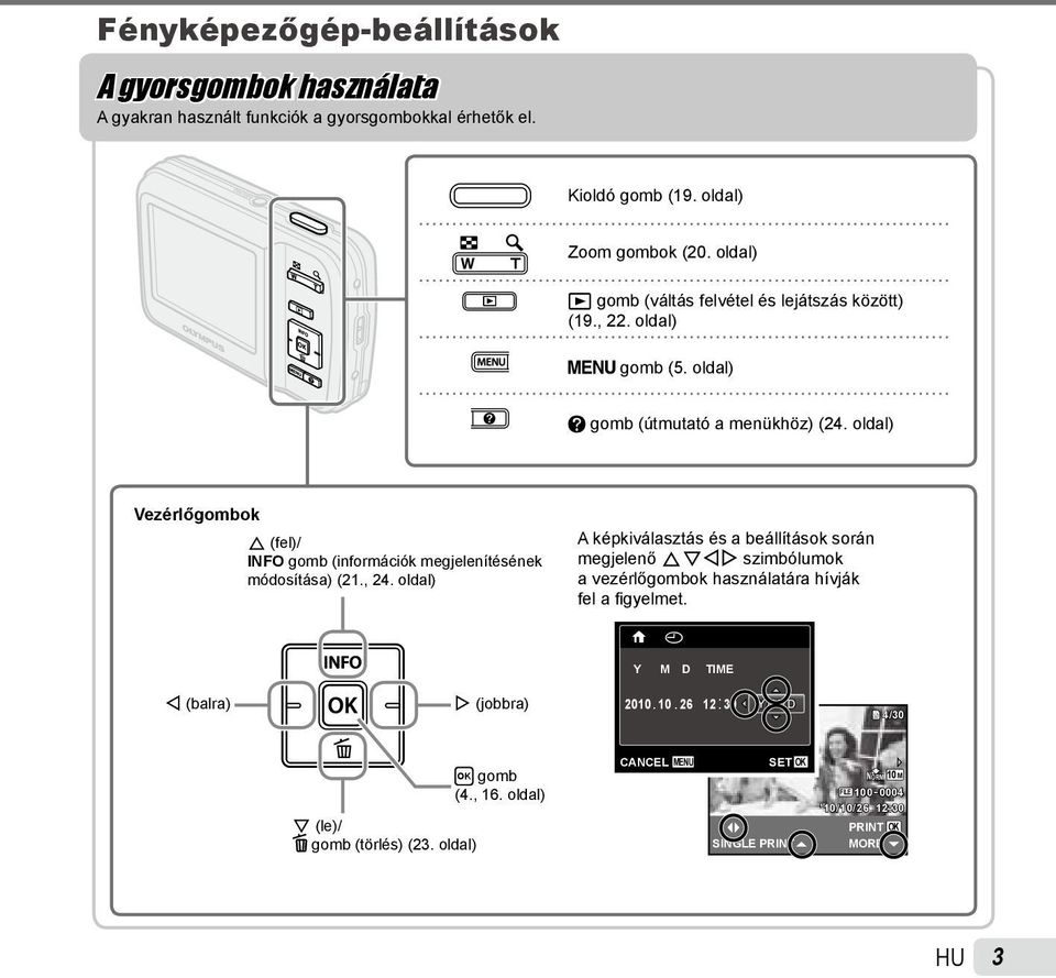 oldal) Vezérlőgombok F (fel)/ INFO gomb (információk megjelenítésének módosítása) (21., 24.