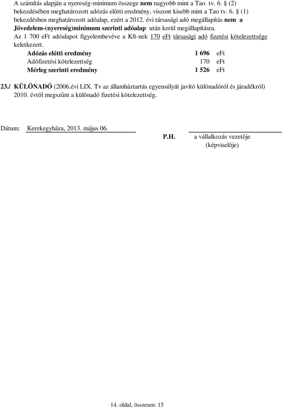 Az 1 7 adóalapot figyelembevéve a Kft-nek 17 társasági adó fizetési kötelezettsége keletkezett. Adózás előtti eredmény 1 696 Adófizetési kötelezettség 17 Mérleg szerinti eredmény 1 526 23.