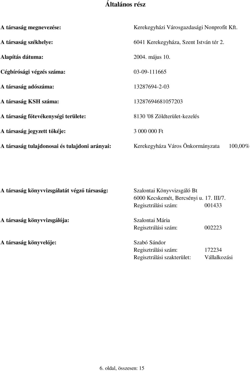 Zöldterület-kezelés 3 A társaság tulajdonosai és tulajdoni arányai: Kerekegyháza Város Önkormányzata 1,% A társaság könyvvizsgálatát végző társaság: Szalontai Könyvvizsgáló Bt 6 Kecskemét,