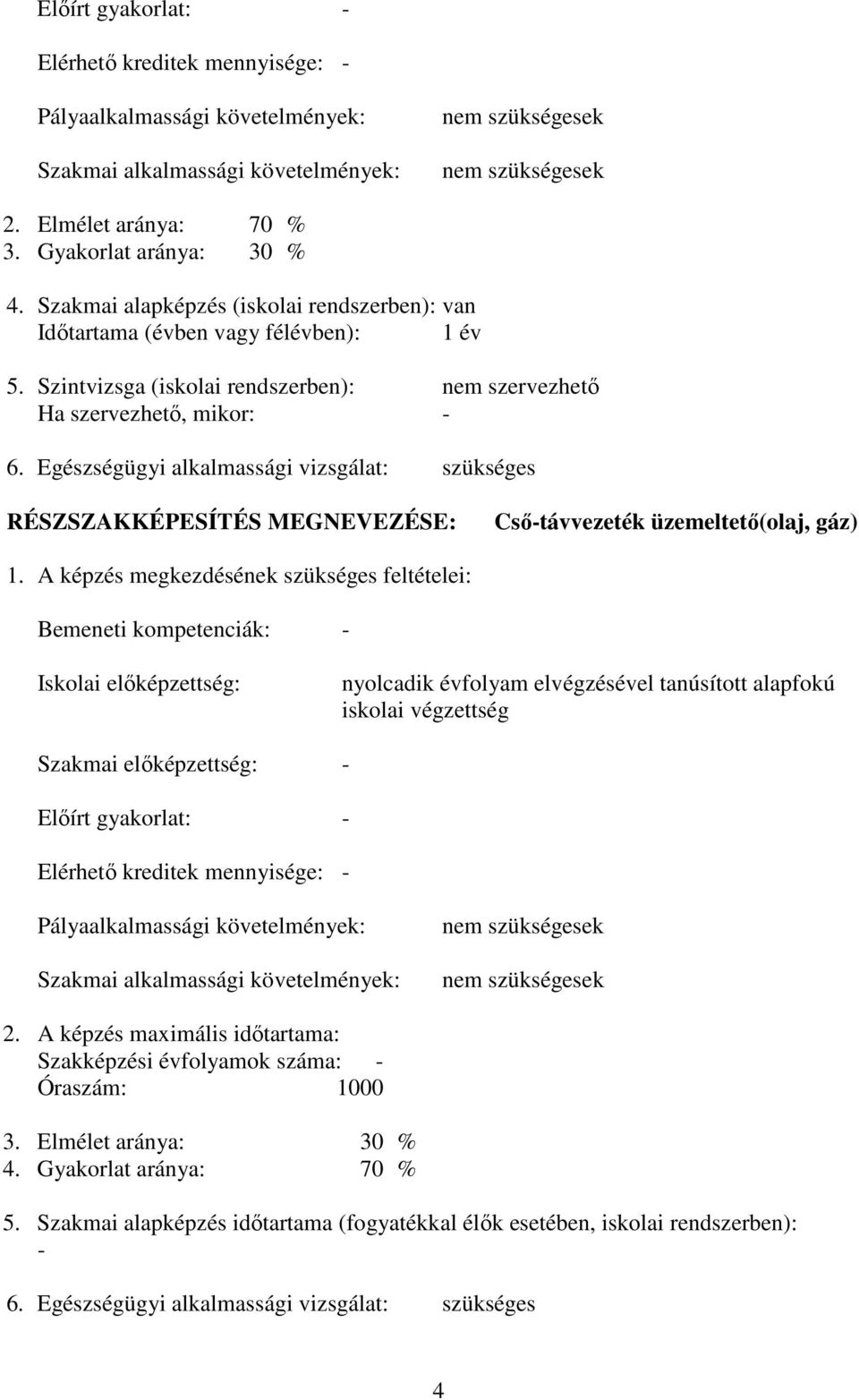 Egészségügyi alkalmassági vizsgálat: szükséges RÉSZSZAKKÉPESÍTÉS MEGNEVEZÉSE: Cső-távvezeték üzemeltető(olaj, gáz) 1.