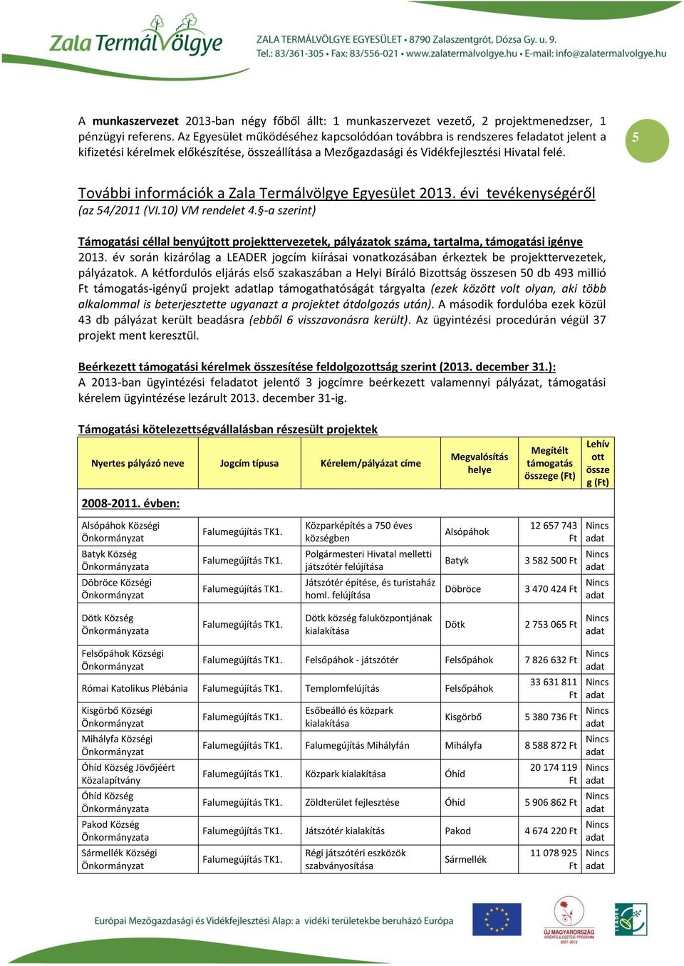 5 További információk a Zala Termálvölgye 2013. évi tevékenységéről (az 54/2011 (VI.10) VM rendelet 4.