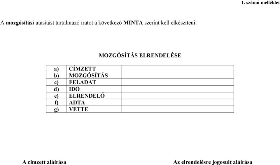 MOZGÓSÍTÁS c) FELADAT d) IDŐ e) ELRENDELŐ f) ADTA g) VETTE