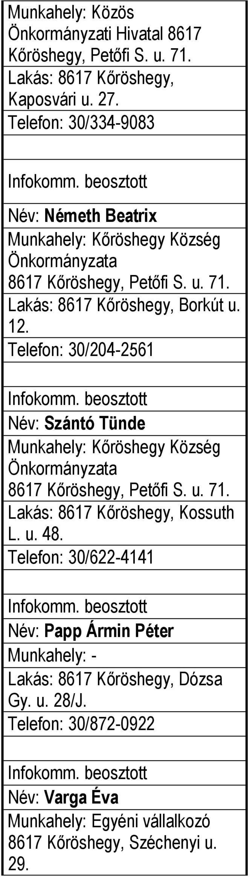 beosztott Név: Szántó Tünde Munkahely: Kőröshegy Község Önkormányzata 8617 Kőröshegy, Petőfi S. u. 71. Lakás: 8617 Kőröshegy, Kossuth L. u. 48. Telefon: 30/622-4141 Infokomm.