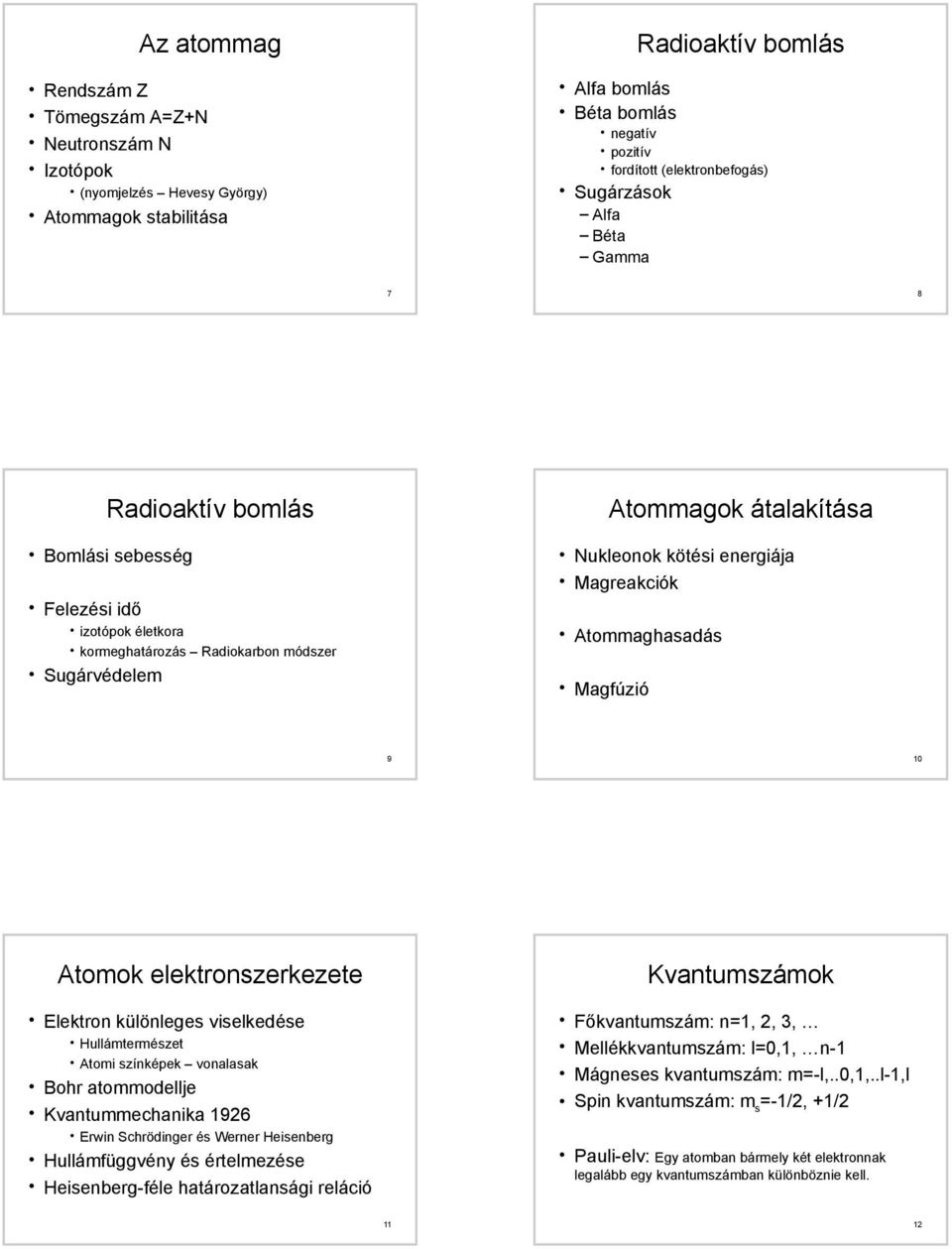 Magreakciók Atommaghasadás Magfúzió 9 10 Atomok elektronszerkezete Elektron különleges viselkedése Hullámtermészet Atomi színképek vonalasak Bohr atommodellje Kvantummechanika 1926 Erwin Schrödinger