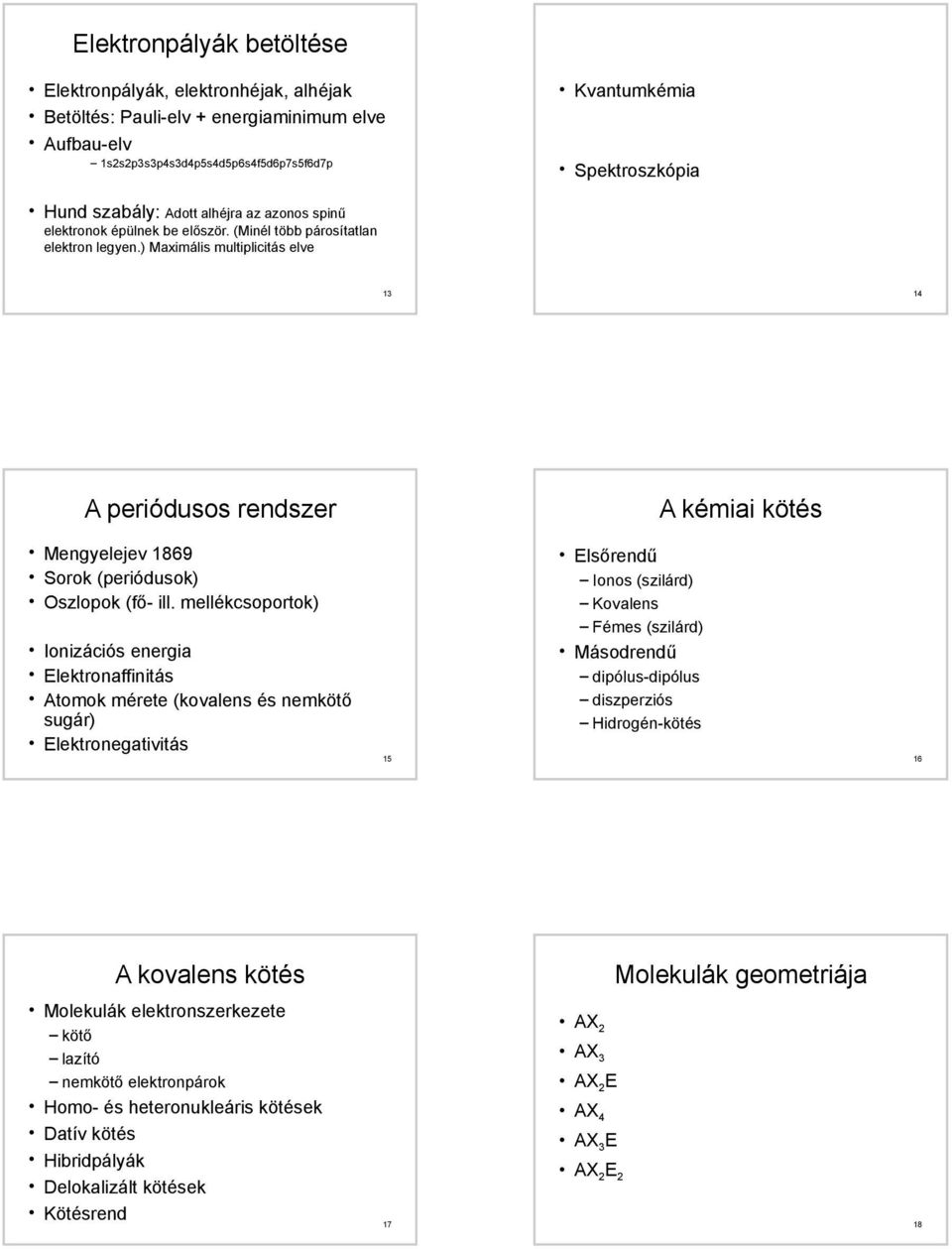 ) Maximális multiplicitás elve 13 14 A periódusos rendszer A kémiai kötés Mengyelejev 1869 Sorok (periódusok) Oszlopok (fő- ill.