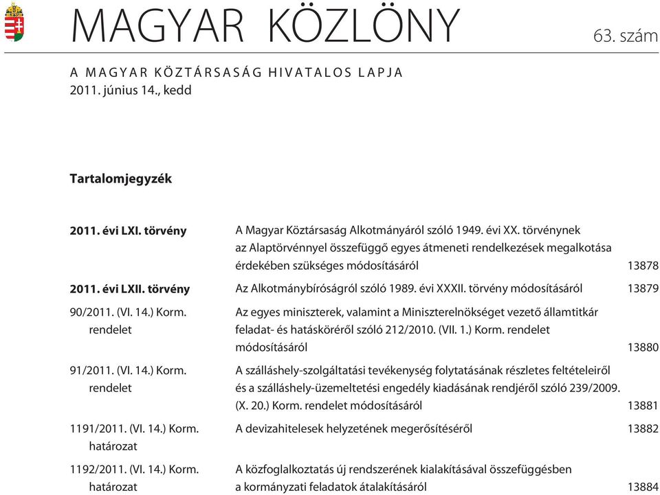 törvény módosításáról 13879 90/2011. (VI. 14.) Korm. rendelet 91/2011. (VI. 14.) Korm. rendelet 1191/2011. (VI. 14.) Korm. határozat 1192/2011. (VI. 14.) Korm. határozat Az egyes miniszterek, valamint a Miniszterelnökséget vezetõ államtitkár feladat- és hatáskörérõl szóló 212/2010.