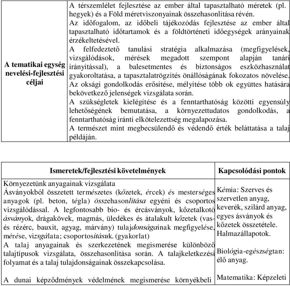 A felfedeztető tanulási stratégia alkalmazása (megfigyelések, vizsgálódások, mérések megadott szempont alapján tanári irányítással), a balesetmentes és biztonságos eszközhasználat gyakoroltatása, a