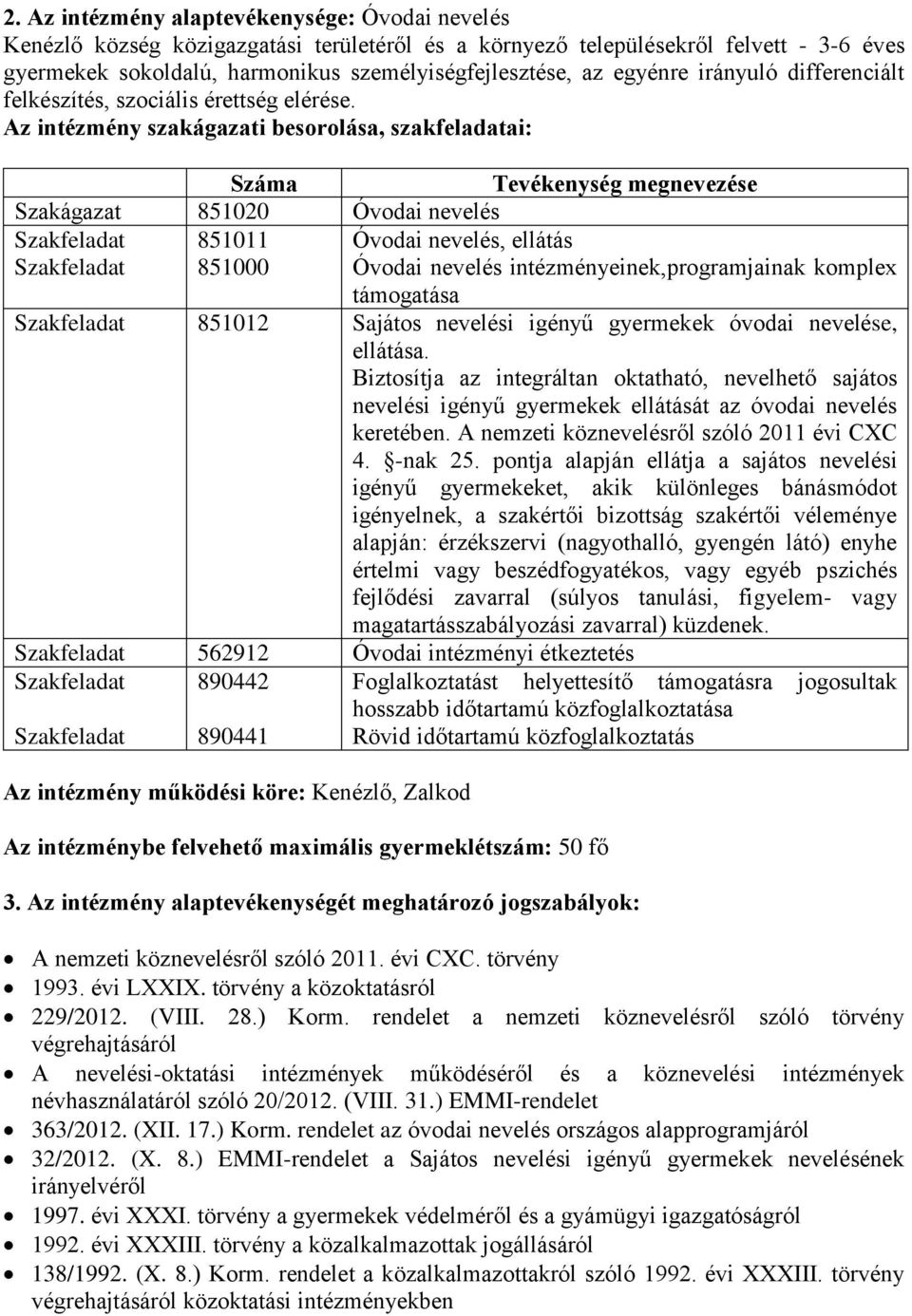 Az intézmény szakágazati besorolása, szakfeladatai: Száma Tevékenység megnevezése Szakágazat 851020 Óvodai nevelés Szakfeladat Szakfeladat 851011 851000 Óvodai nevelés, ellátás Óvodai nevelés