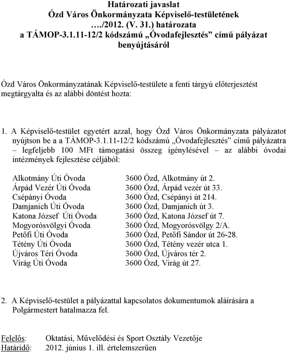 A Képviselő-testület egyetért azzal, hogy Ózd Város Önkormányzata pályázatot nyújtson be a a TÁMOP-3.1.