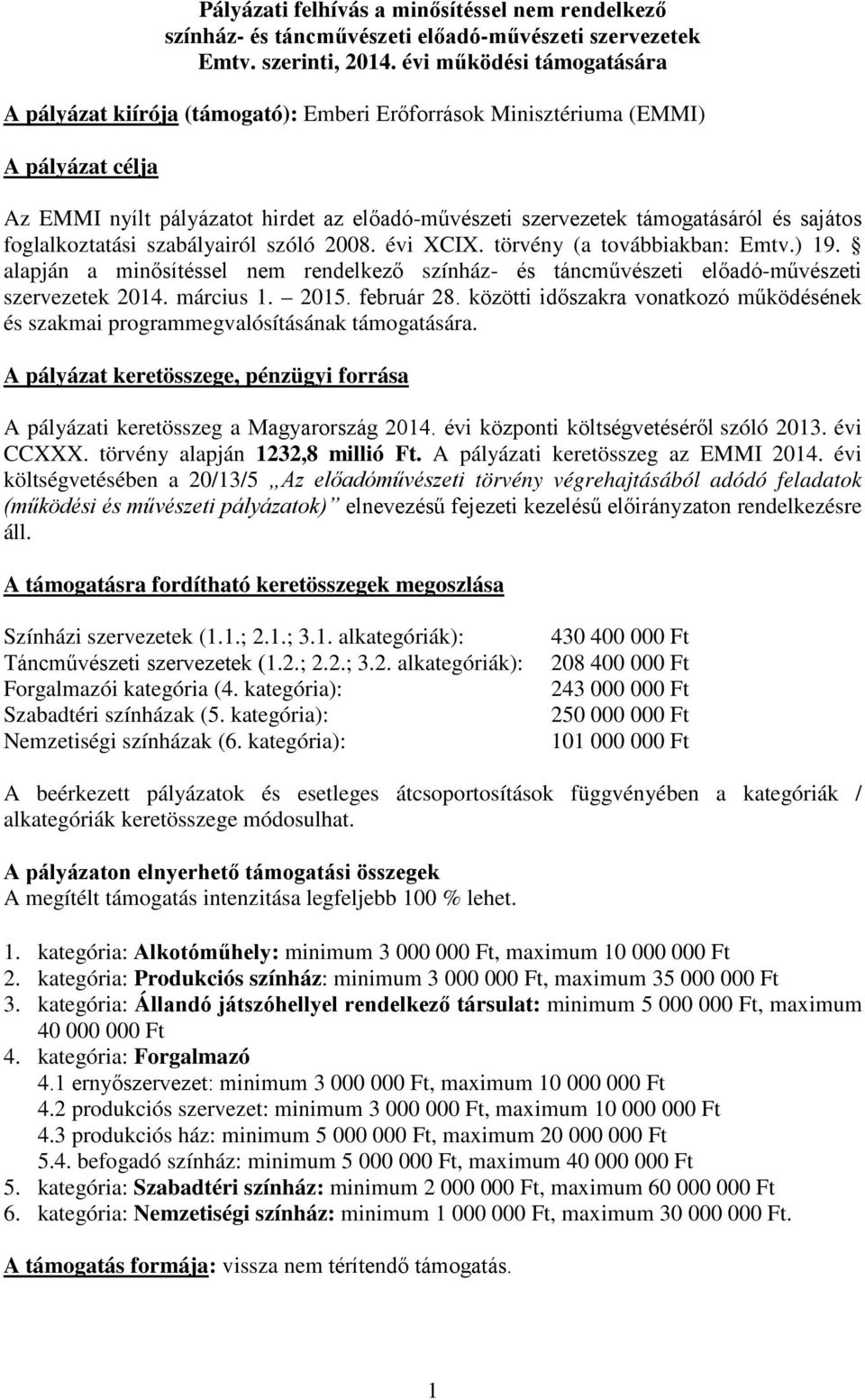 sajátos foglalkoztatási szabályairól szóló 2008. évi XCIX. törvény (a továbbiakban: Emtv.) 19. alapján a minősítéssel nem rendelkező színház- és táncművészeti előadó-művészeti szervezetek 2014.