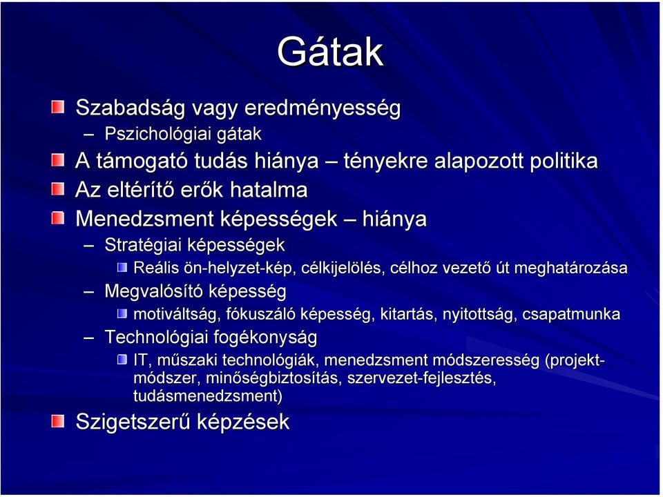 meghatározása Megvalósító képesség motiváltság, fókuszáló képesség, kitartás, nyitottság, csapatmunka Technológiai fogékonyság IT,