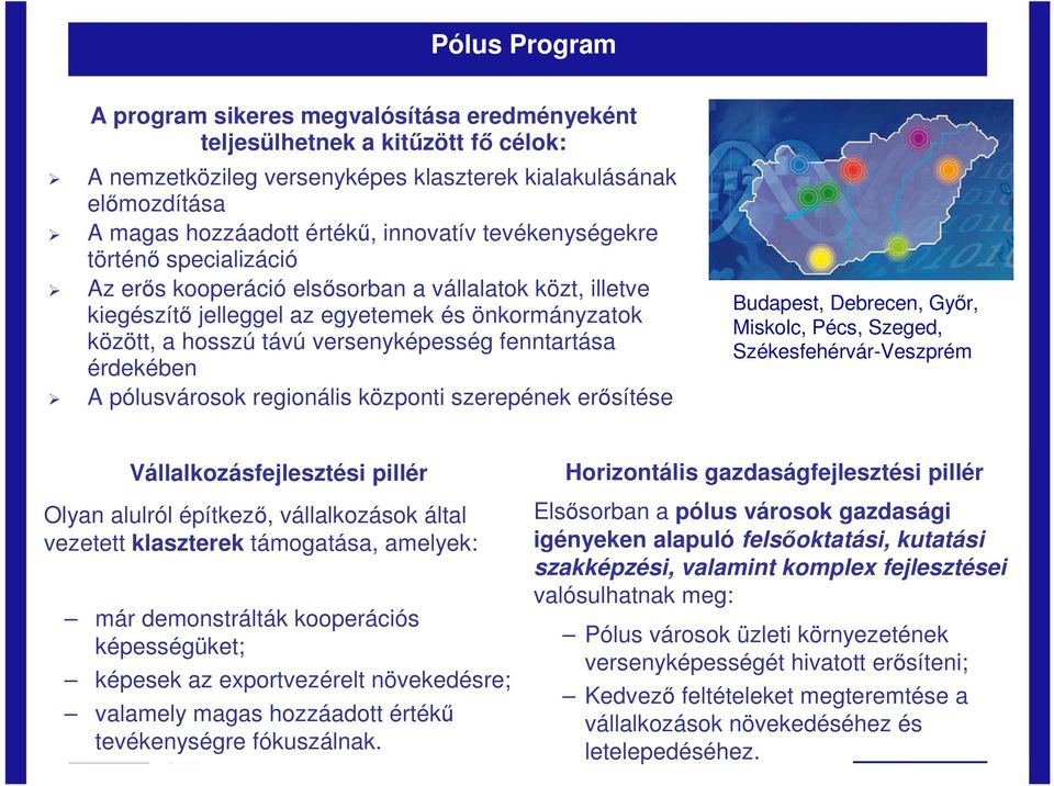 fenntartása érdekében A pólusvárosok regionális központi szerepének erısítése Budapest, Debrecen, Gyır, Miskolc, Pécs, Szeged, Székesfehérvár-Veszprém Vállalkozásfejlesztési pillér Olyan alulról