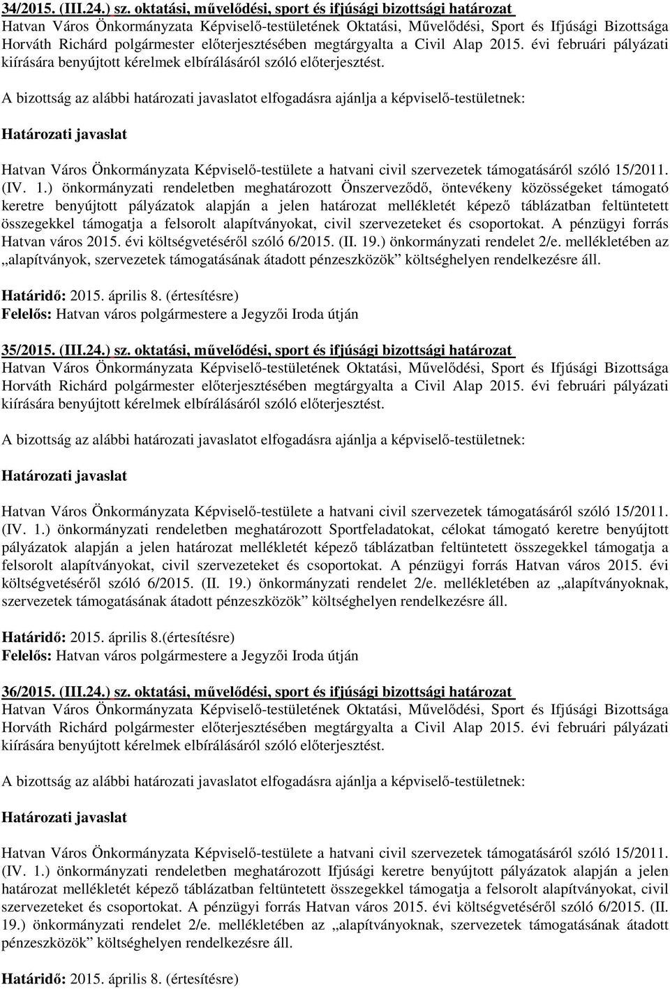 összegekkel támogatja a felsorolt alapítványokat, civil szervezeteket és csoportokat. A pénzügyi forrás Hatvan város 2015. évi költségvetéséről szóló 6/2015. (II. 19.) önkormányzati rendelet 2/e.