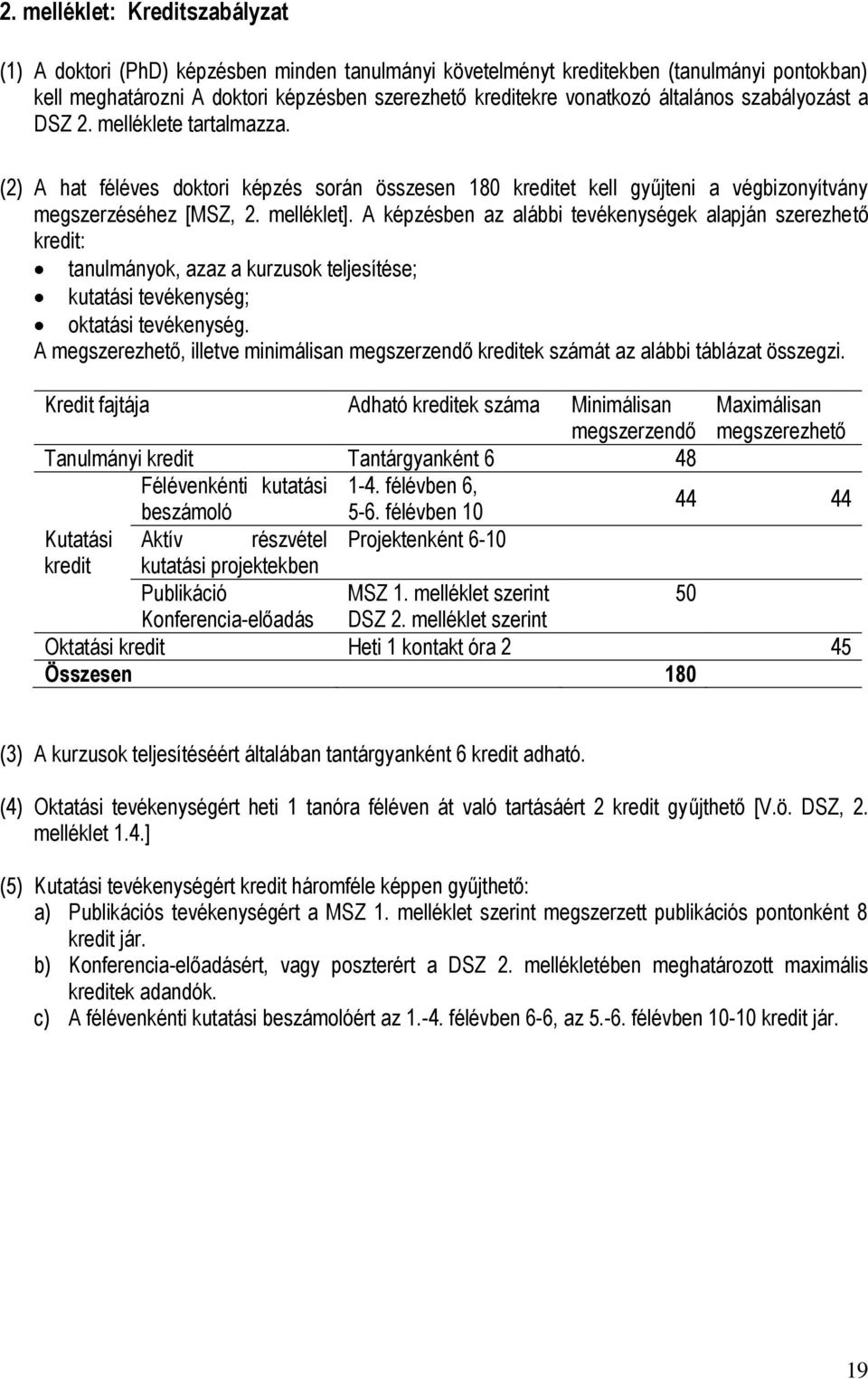 A képzésben az alábbi tevékenységek alapján szerezhető kredit: tanulmányok, azaz a kurzusok teljesítése; kutatási tevékenység; oktatási tevékenység.