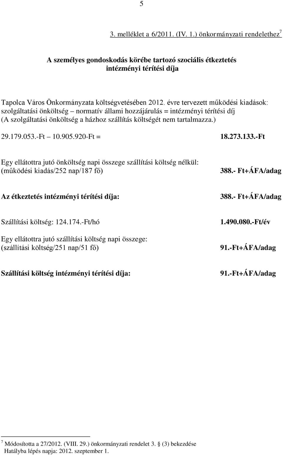 -Ft 10.905.920-Ft = 18.273.133.-Ft Egy ellátottra jutó önköltség napi összege szállítási költség nélkül: (működési kiadás/252 nap/187 fő) 388.- Ft+ÁFA/adag Az étkeztetés intézményi térítési díja: 388.